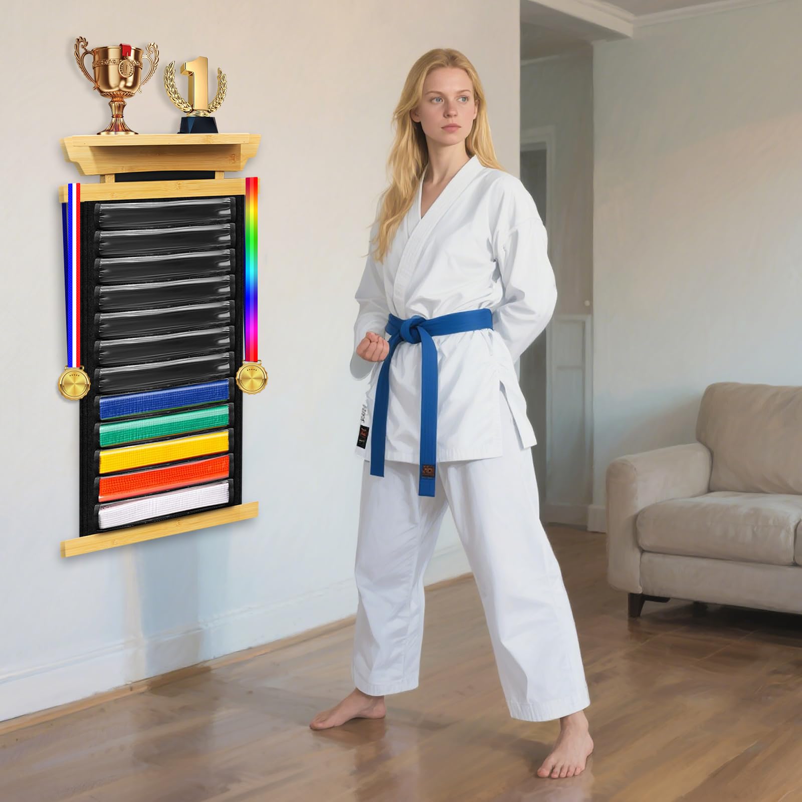 Espositore per cintura da karate, in legno, per 12 cinture da taekwondo, trofeo, con copertura antipolvere e adesivi, per adulti