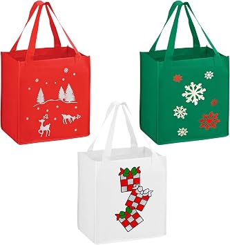 Black Duck Brand Set of 3 Non-Woven Reusable Fabric Bags 12"x13"x8.25", Three Holiday Prints 3 Bags