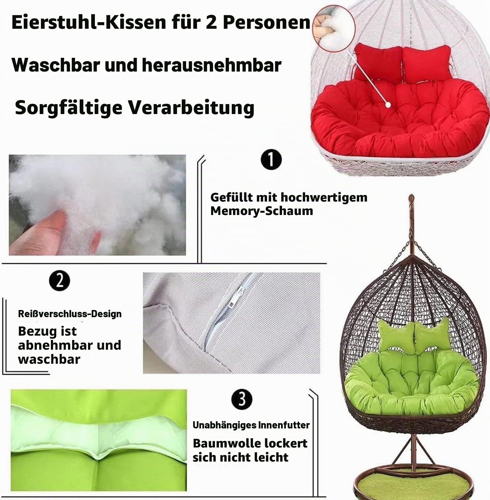 Sitzkissen für 2-Personen-Hängemattenschaukelstühle, Ersatzkissen für Doppelsitzer-Eierstuhl, wasserdichte 2-Sitzer-Kissen für Hängekorbstühle, Nur Kissen(F,150 * 110cm/59 * 43in)