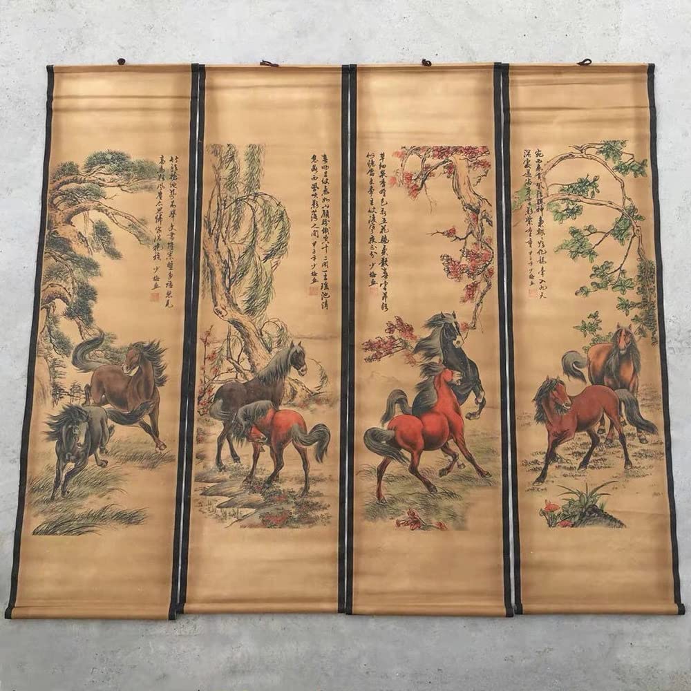 Vrfvsdasaas Multicolore Chinese Wall Art, 4Pcs/Set Calligraphy Horses Scroll Collection Screen Hanging Paintings Antique Decor