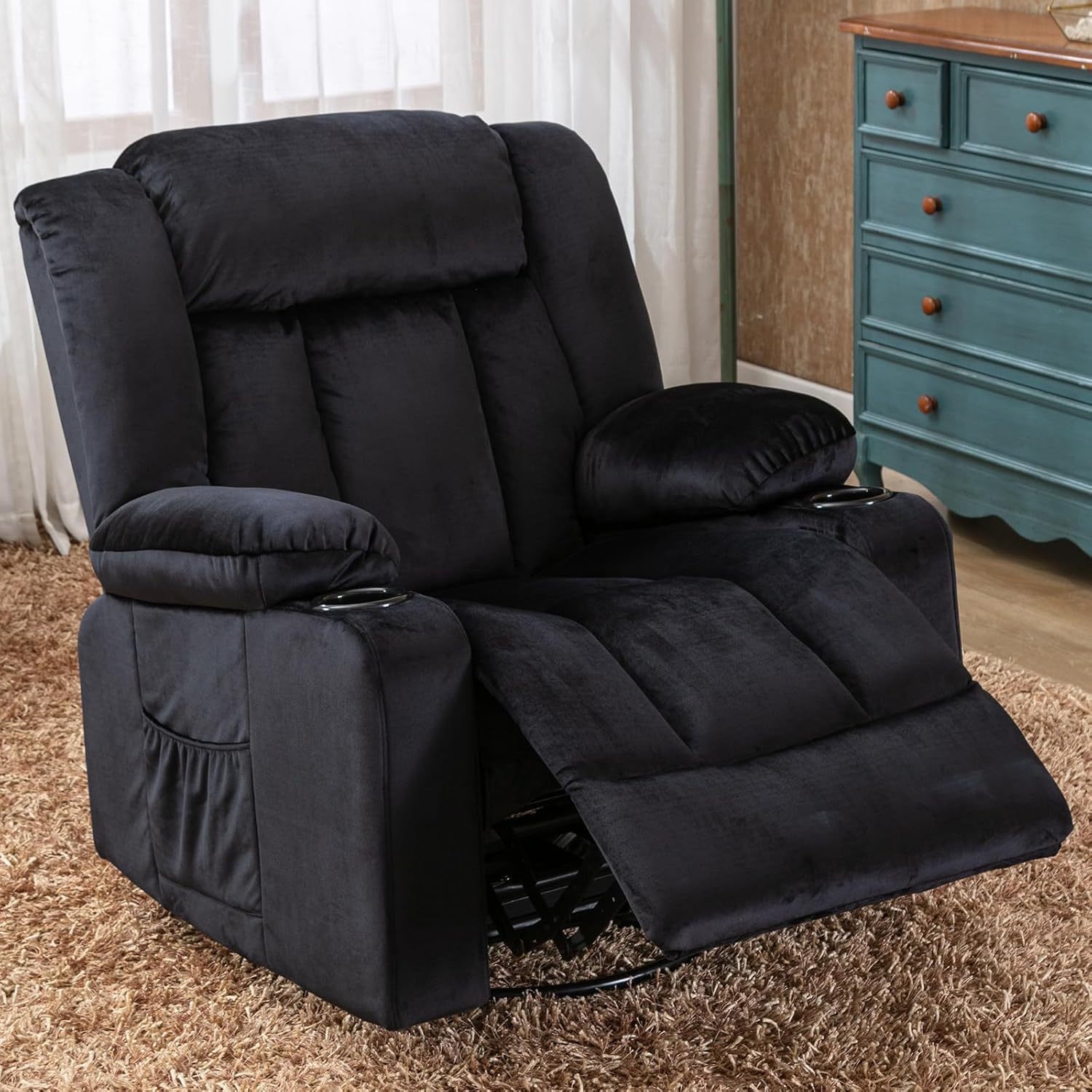 comhoma recliner chair,360° swivel rocker glider recliners with cup holders, upholstered fabric rocking chair for adults,manual reclining single sofa for living room,black