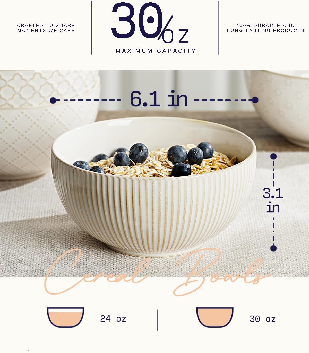 getstar Ceramic Soup Bowls, Cereal Bowl Set of 4 with Assorted Embossment (6.1 inch & 30 oz), Farmhouse Vintage Color Bowls for Kitchen - Image 3