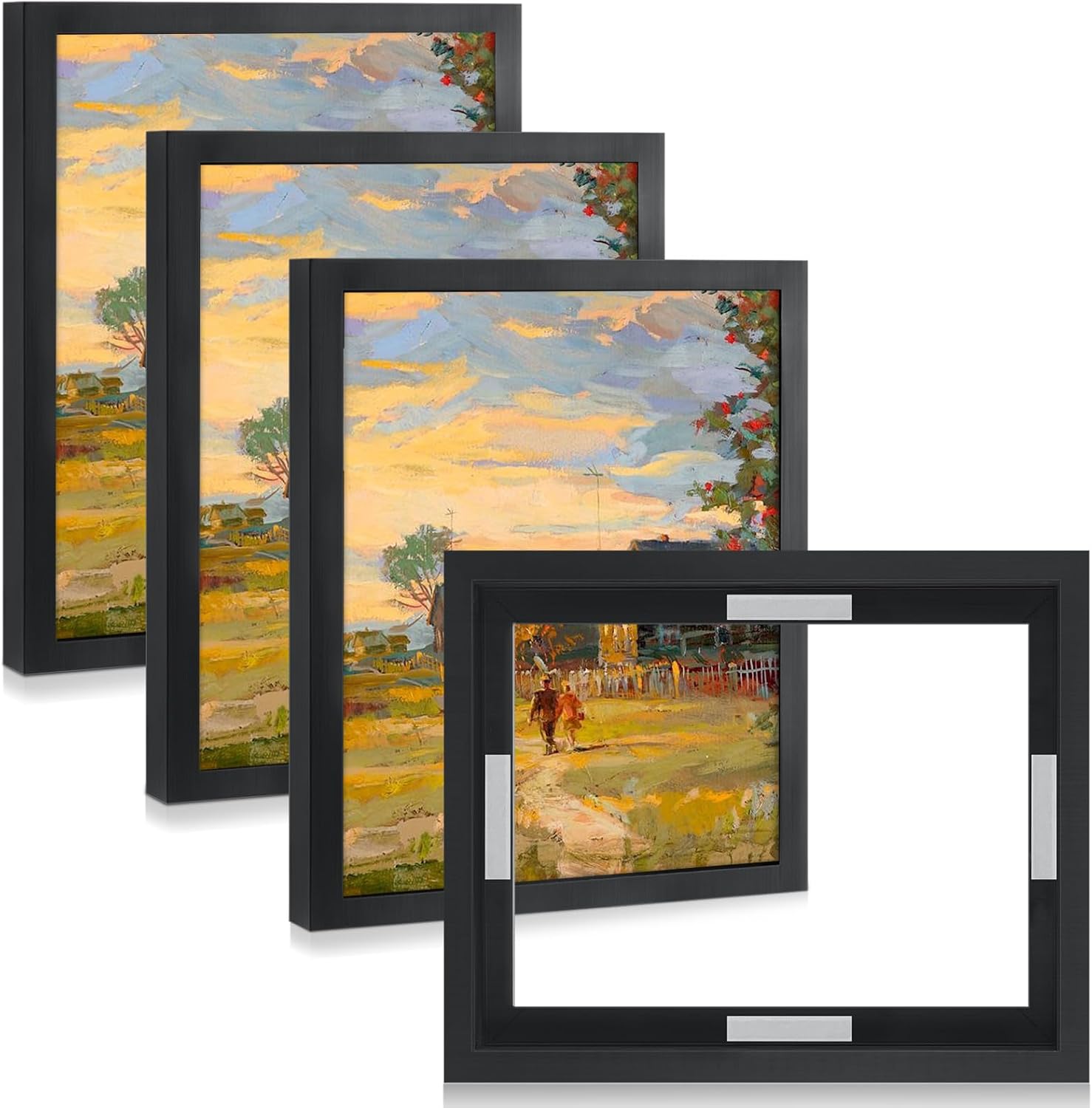 Qunclay 4 Pcs 8 x 10 Inch Canvas Floating Frame Black Floater Frames for Canvas Painting Wood Vertical and Horizontal Wall Hanging Frame with Adhesive Strips for Prints Oil Painting Diamond Decor