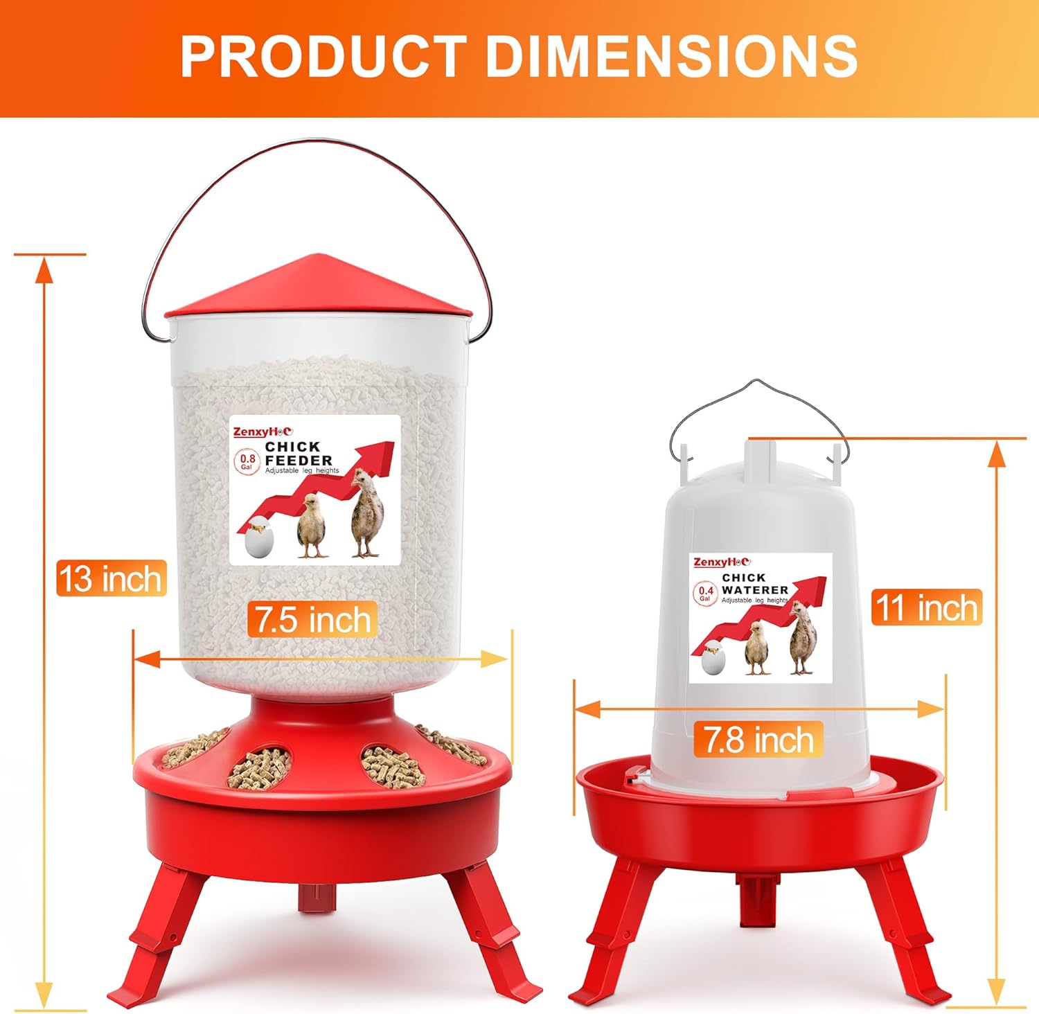 2-in-1 Chick Starter Set: 0.8 Gal Top Filling Feeder and 0.4 Gal Waterer with Adjustable Legs for Baby Chicks, Includes Scoop, Hanging Hooks, Anti-Drown Design (Red)
