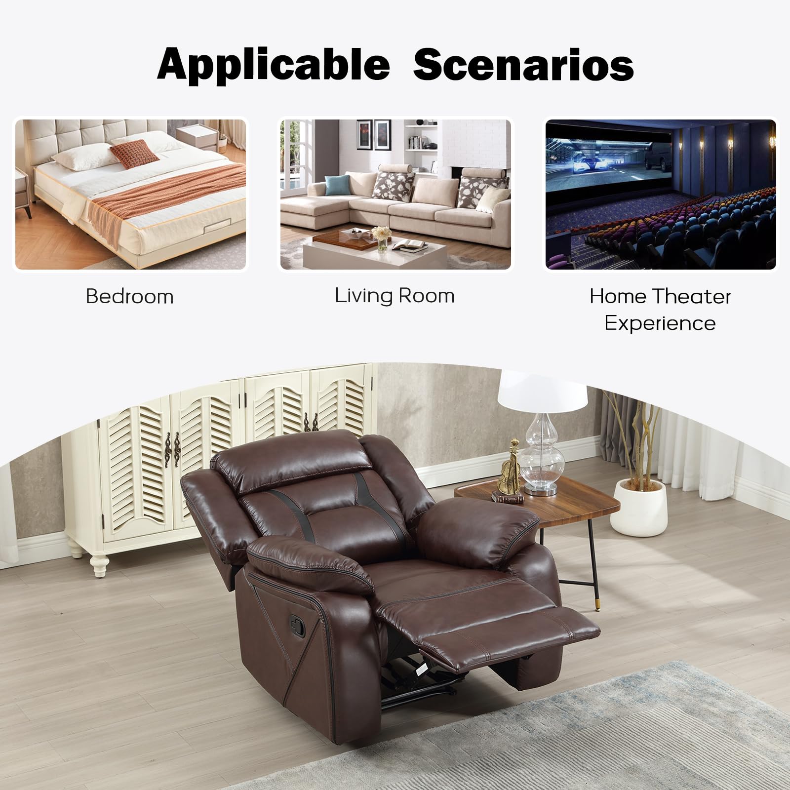EBELLO Faux Leather Manual Recliner Chair, Modern Design Single Reclining Sofa Chair with Comfortable Armrest and Backrest, Furniture for Living Room, Bedroom, Dark Brown view 6