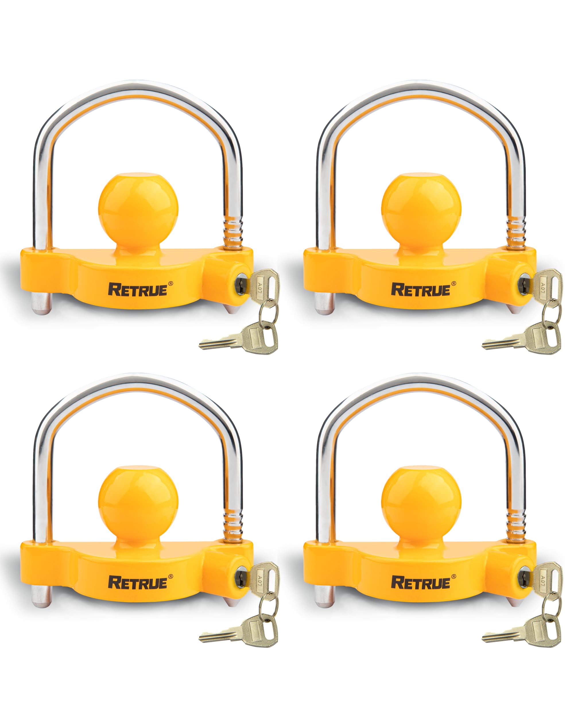 RETRUE Universal Trailer Coupler Lock, 4PC Key Alike Hitch Ball Lock,Yellow