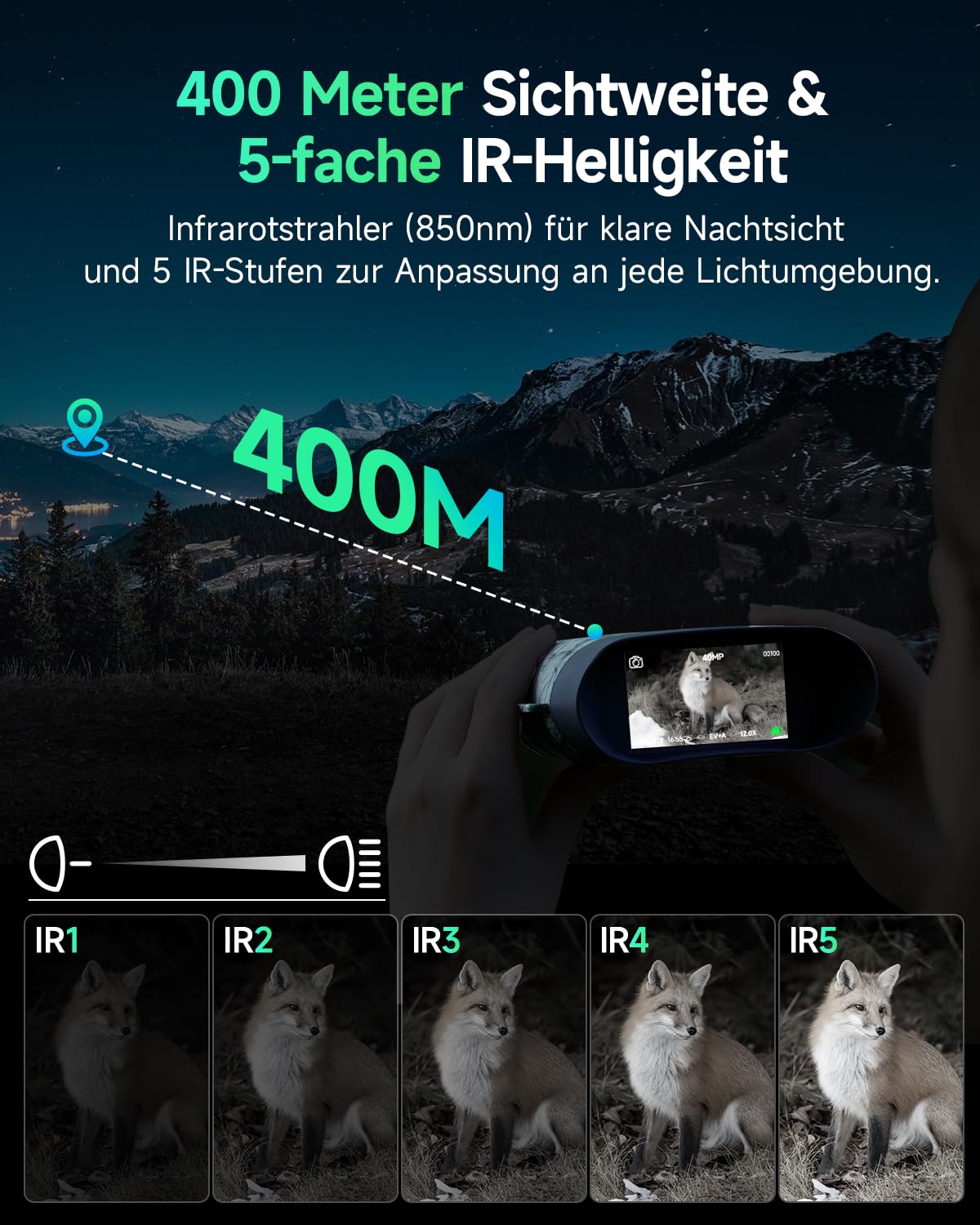Rollei NightVision 400 4K Nachtsichtgerät, 40MP Fernglas mit Nachtsicht Militär 12X Digitalzoom 32GB SD-Karte 400M Infrarot Kamera mit Taschenlampe 5000mAh Nachtsicht Fernglas Erwachsene für Jagd