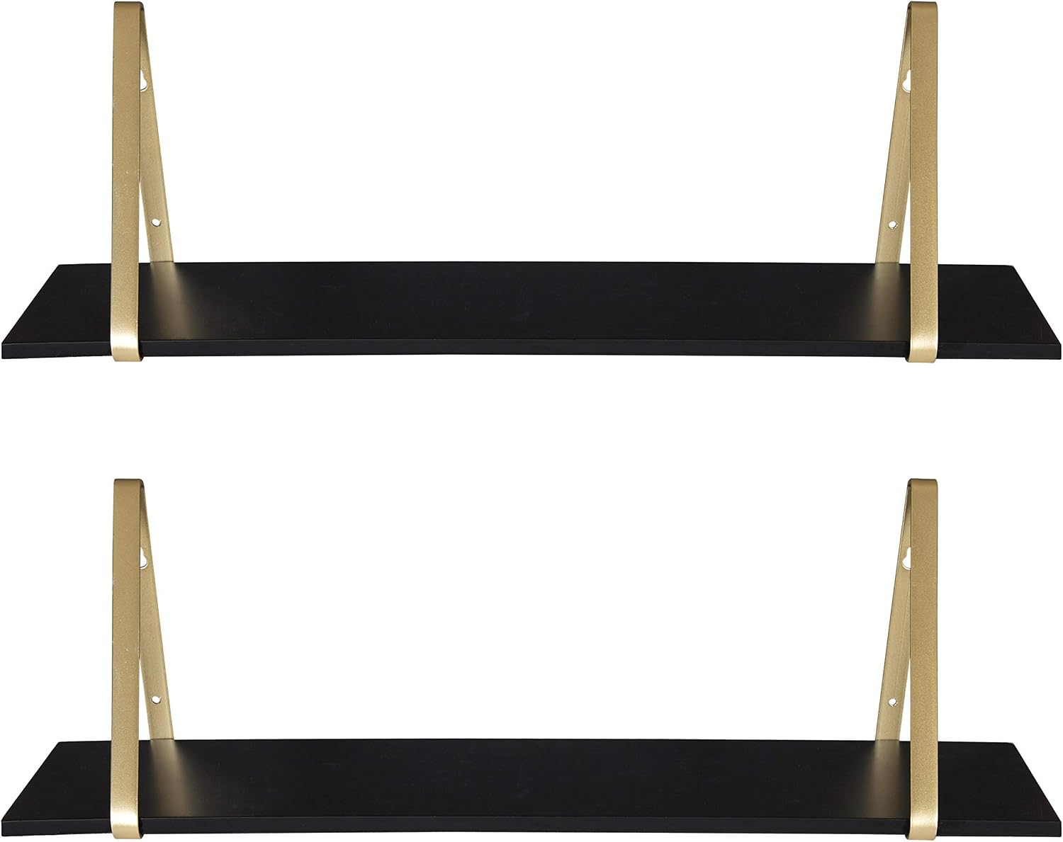 Kate and Laurel Soloman Black Wooden Shelves with Gold Metal Brackets, 2 Piece Set