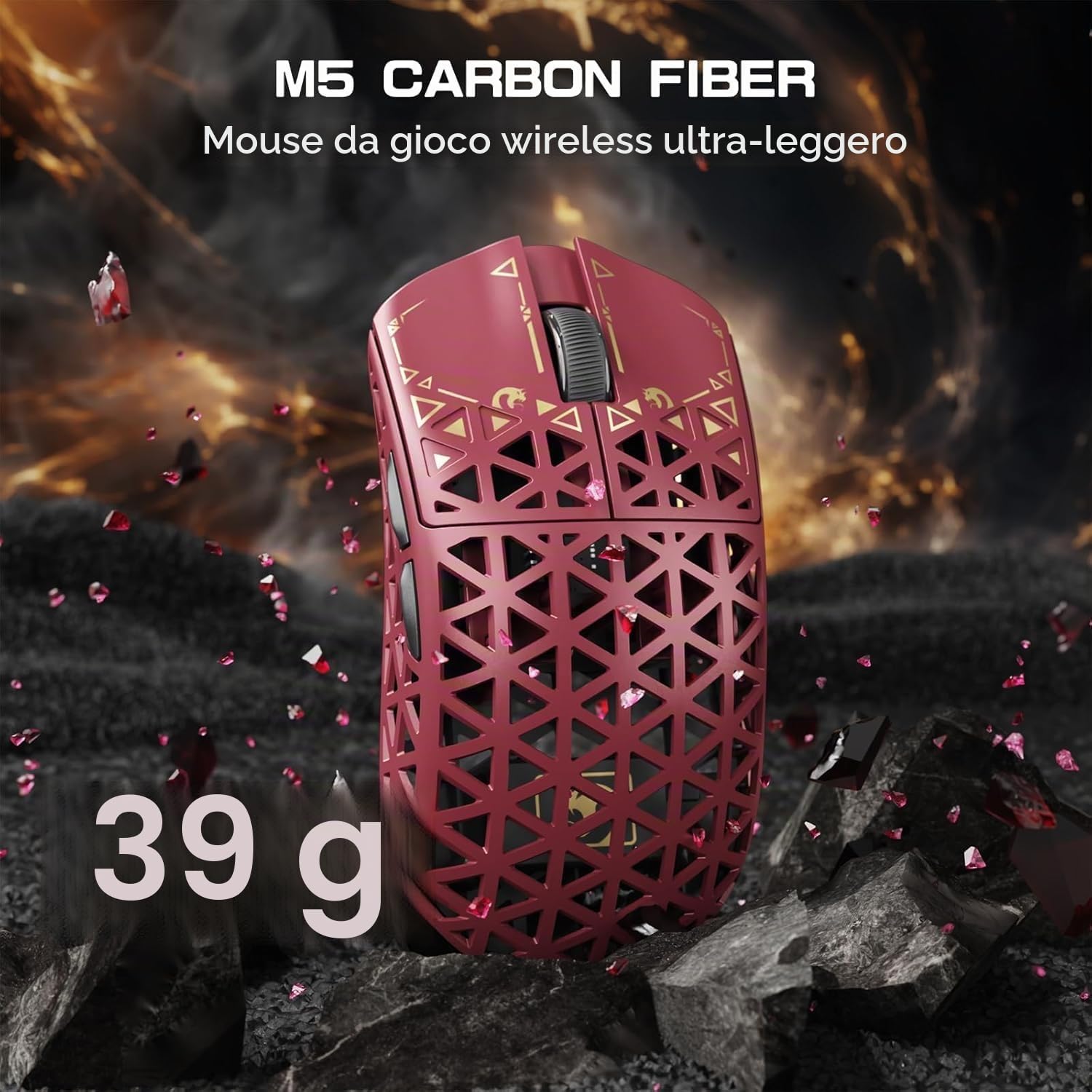 MAMBASNAKE M5 Ultra Carbon Fiber 8000Hz Wireless Gaming Mouse, 39g Superlight 42000DPI, sensore PAW3950MAX Nordic 52840, Bluetooth/2.4G/USB-C Wired Mice with Mouse Coiled Cable, for PC/Mac