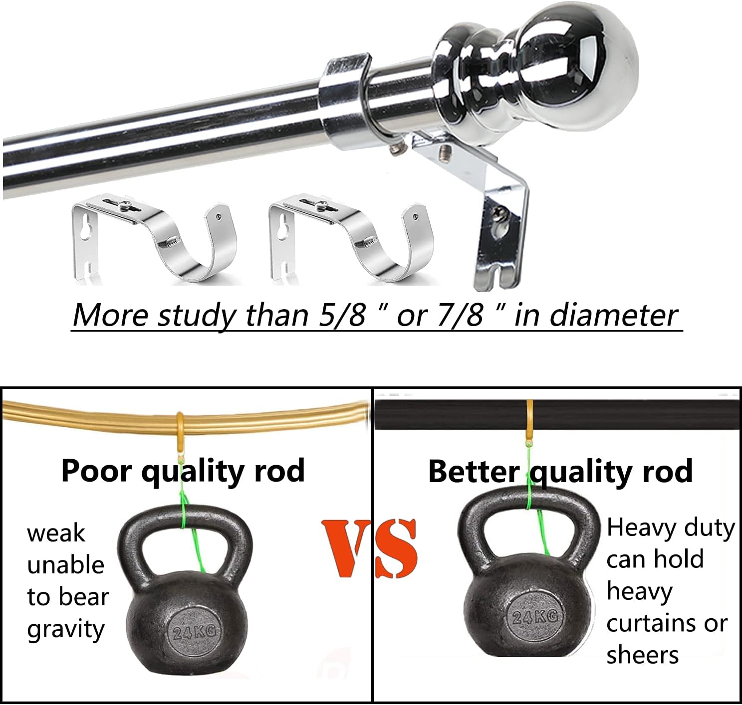 Harrms Silver Curtain Rod,1'' Single Curtain Rod Set with Brackets-Adjustable Standard Decorative Window Curtain Rod with Round Finials for Kitchen Bedroom Window,30 to 43 inches