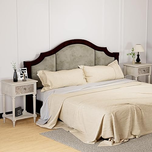 Miniatura 4 de HOMPUS Juego de 2 mesas auxiliares con cajón y estante, juegos de mesitas de noche vintage con cajón de patrones, mesita de noche de grano de 1