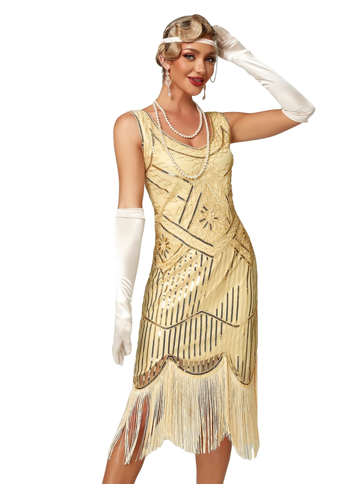 Viloree Mujeres 1920s Vestido con Lentejuelas Embellecido Borlas Dobladillo Vestido de Coctail Flapper