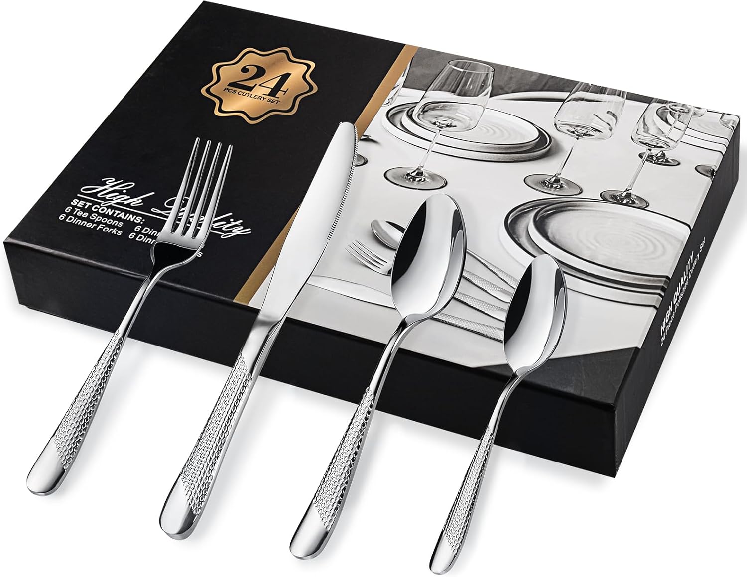 Cutlery Set, 24 Piece Knife and Fork Sets, Stainless Steel Tableware Set with Hammered Pattern Design, Silverware Flatware Set Included Forks/Knives/Spoons, Service for 6, Gift Box