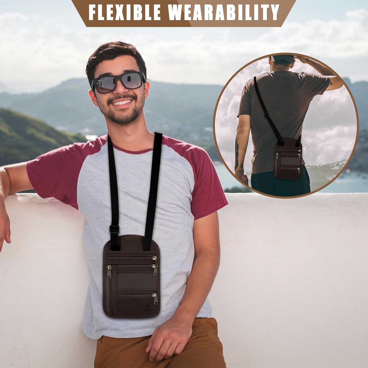 Ringsun Genuine Leather Passport Holder For Travel, RFID Blocking Slim Neck Wallet with Adjustable Strap for Women and Men, Travel Essentials to Keep Cash, Credit Cards and Documents Safe, Red Brown - Image 6