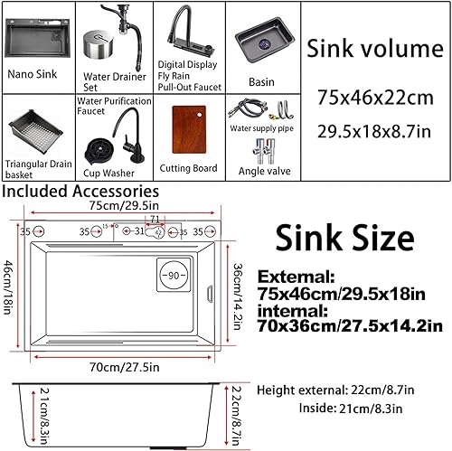 Miniatura 6 de VOYOCUGE Nano 304 fregadero de cocina de acero inoxidable con diseño de cascada, pantalla digital y accesorios (color gris pistola) (29.5 x 18 x 8.7