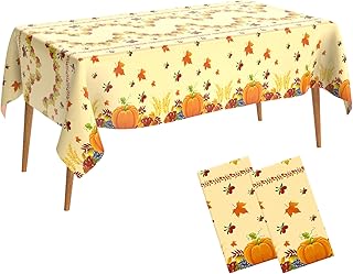Thanksgiving Tablecloth Disposable Rectangle 2 Pack Plastic Fall Tablecloth Autumn Pumpkin Tablecloth 54 x 108 Inch Thanksgiving Table Cover for Dinner Kitchen Picnic Thanksgiving Party Decorations