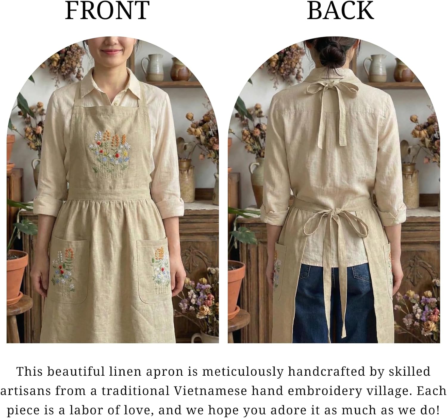 Linen Apron with Hand Embroidered Floral Design, Natural Fabric Apron for Kitchen, Linen Apron with Pockets, Cooking, Baking, Gardening, Florist, Chefs, Artists