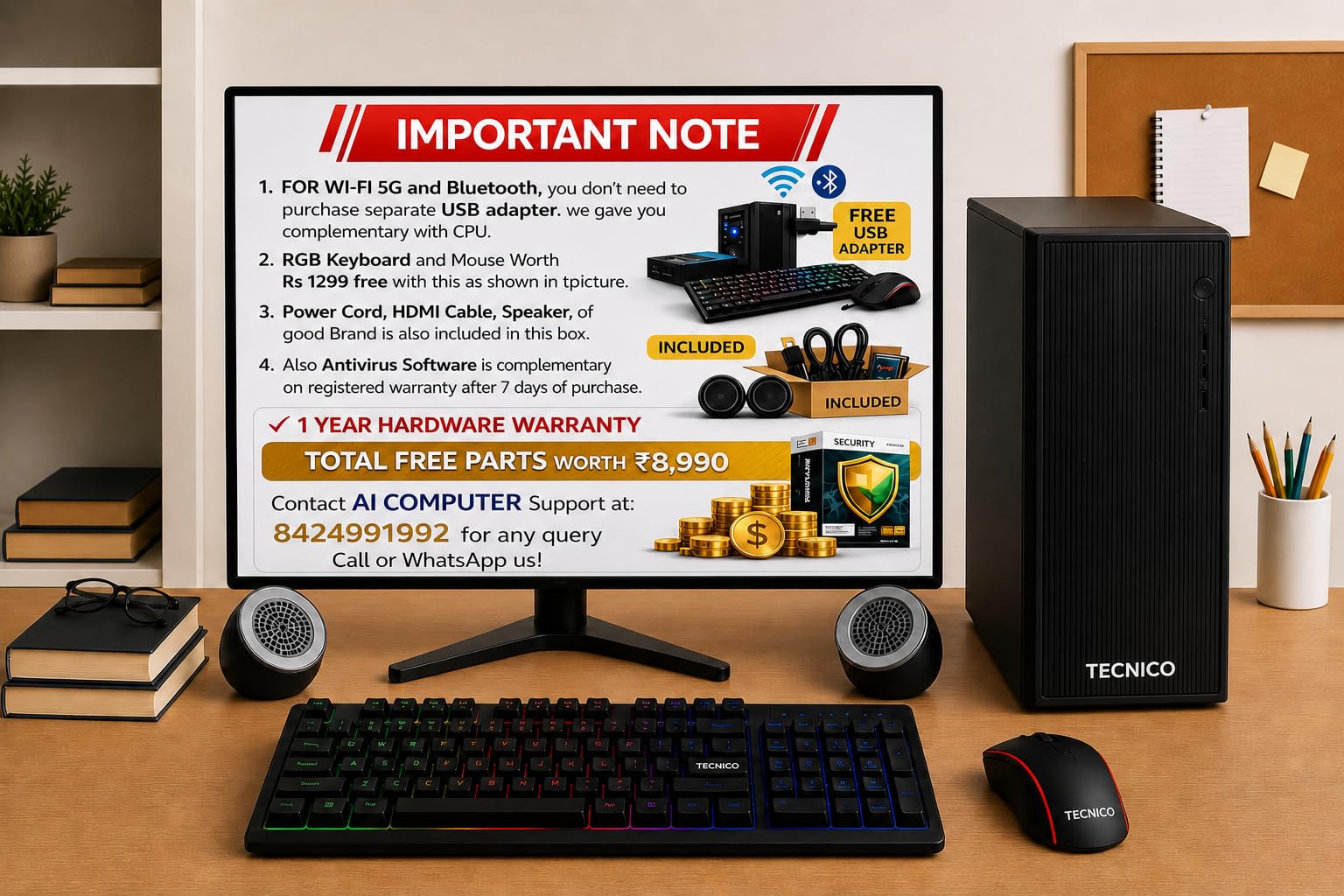 TECNICO Victory Desktop CPU Set, Core I3 2120 2.2GHz, 8 GB DDR3 RAM, 128 GB SSD, RGB Keyboard Mouse Set, WiFi 6, Bluetooth, Speakers, (Include Monitor 20" Led) — Amazon image 3