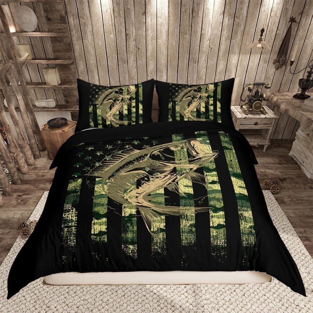 richhome Fish Bedding Set Junior/Cot Bed Fisherman Camouflage Duvet Cover Set Pikefish Camouflage American Flag Comforter Cover Men Women Couples Room โ image 1