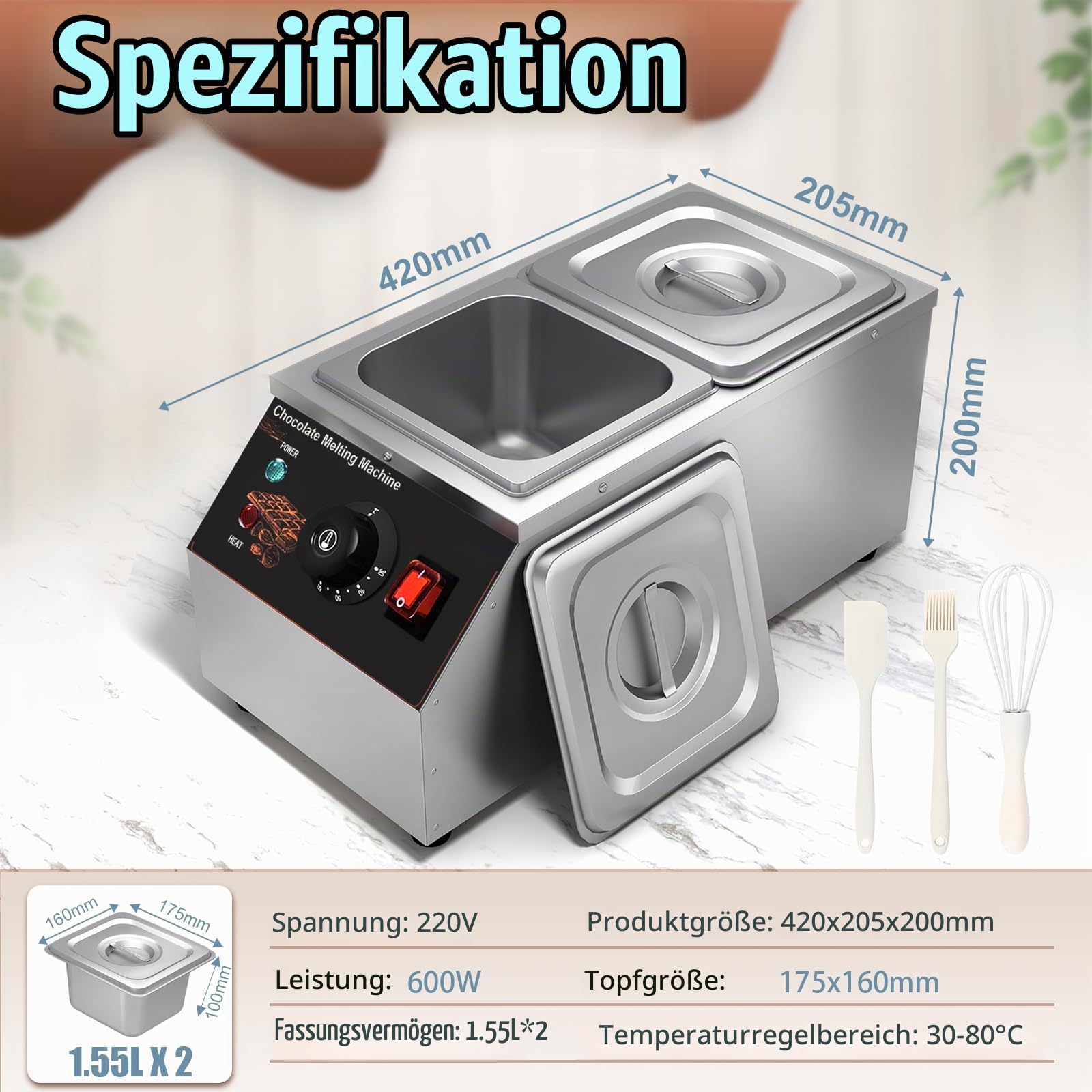 Schokolade Schmelztiegel, Temperiergerät Schokolade Temperiermaschine mit 2 Töpfen Kommerzielle Elektrische Schokolade Schmelzgerät Edelstahl, 2x1/6 GN Behälter Schokolade Schmelzmaschine Topf