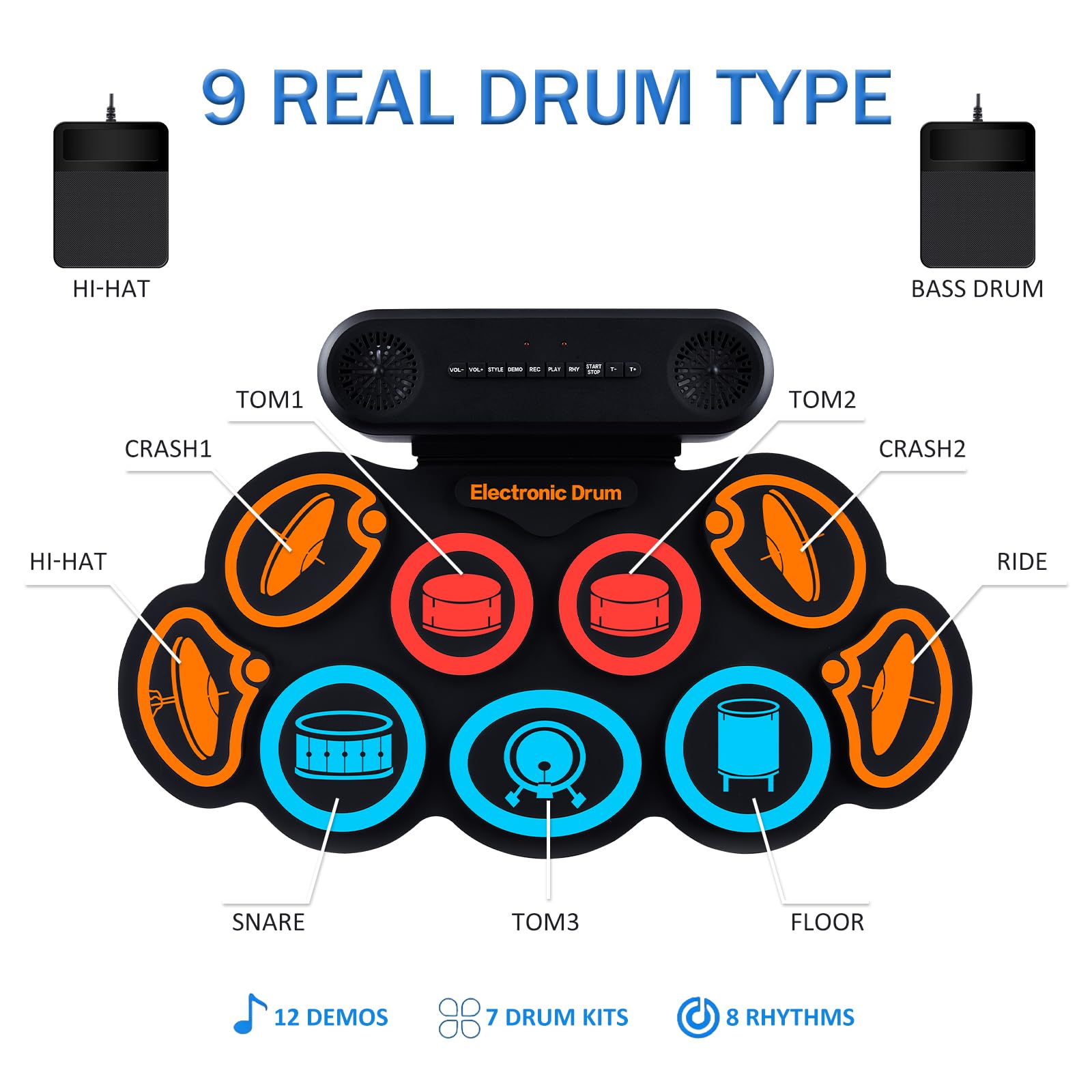 Schlagzeug Elektronisch, 9 Pads Rolling Electric Drum Pad Kits Machine Mit KopfhöReranschluss, 10 Stunden Spielzeit, 2 Eingebaute Lautsprecher (Bunt)