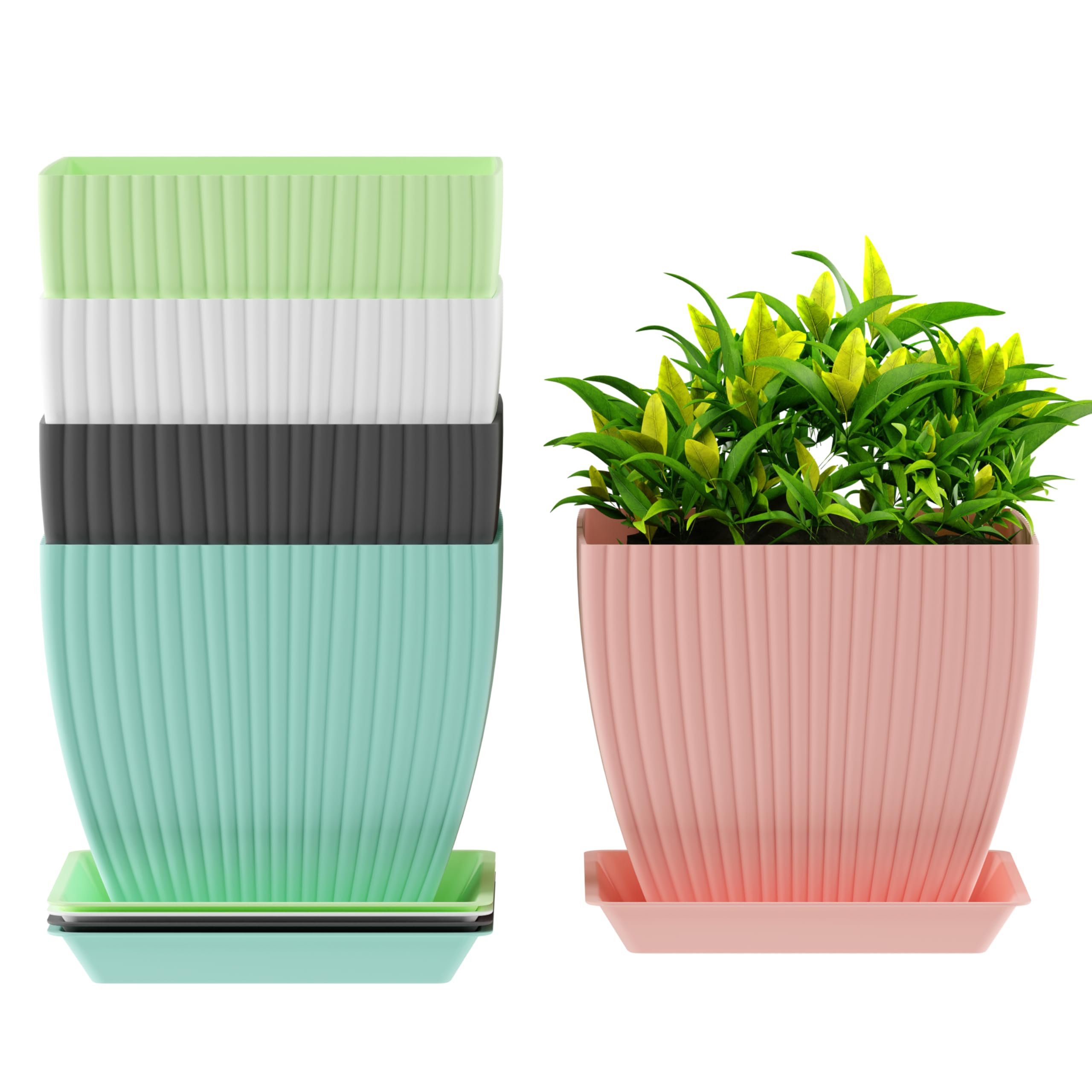 Durable Fluted Square Multicolor Plastic Plant Pots | Pack of 5, 6 Inch Decorative Indoor Outdoor Planters with Drainage Holes Saucer Tray | Home, Balcony, Office, Terrace Garden-image-0