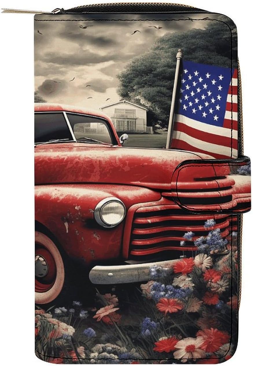 Women PU Leather Bifold 4th Of July Patriotic Old Red Truck Wallets Large Capacity Card Holder Ladies Phone Clutch Travel Purse