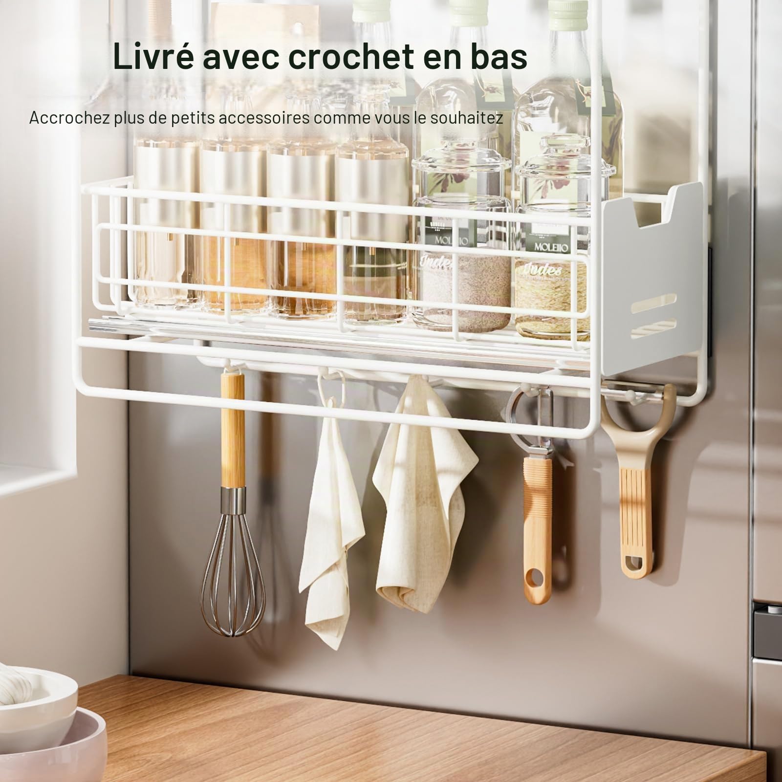 Étagère de rangement magnétique à épices pour réfrigérateur, organiseur de réfrigérateur blanc avec couches coulissantes, étagère magnétique mobile en métal, double étagère magnétique avec 5 crochets