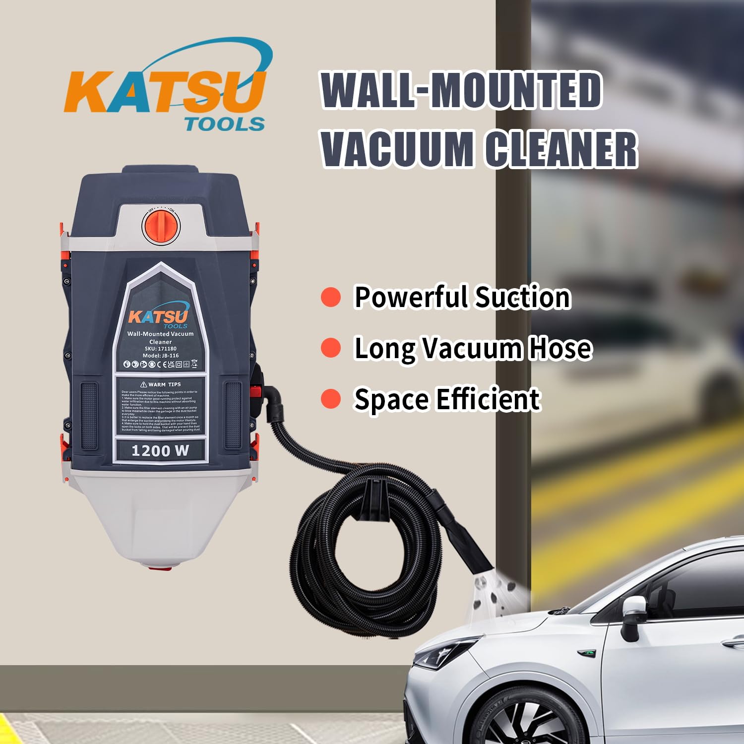 KATSU Tools Wandmontierter Garagenstaubsauger 25 Liter 1200W, Staubabsaugung und Gebläse für Auto und Werkstatt mit 10m Schlauch 171180