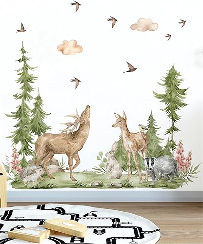 Miniatura 4 de Calcomanías de pared grandes de alce sika con alce de bosque, selva tropical, selva tropical, animales de selva, conejo, tejón, erizos, vinilo
