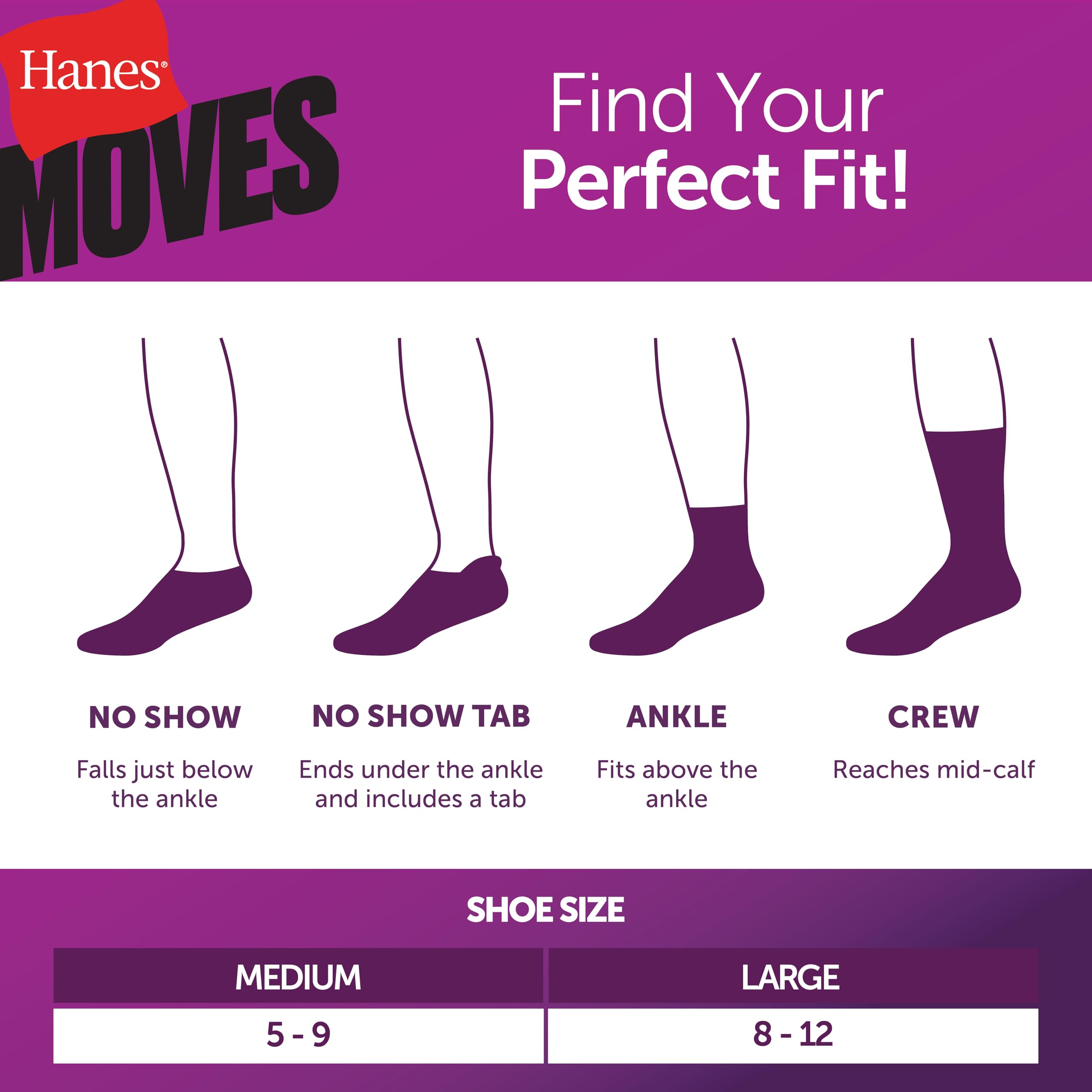 Hanes Moves No Show, Performance skarpety damskie, X-Temp, amortyzowane wsparcie łuku, 6-pak, białe, 5-9