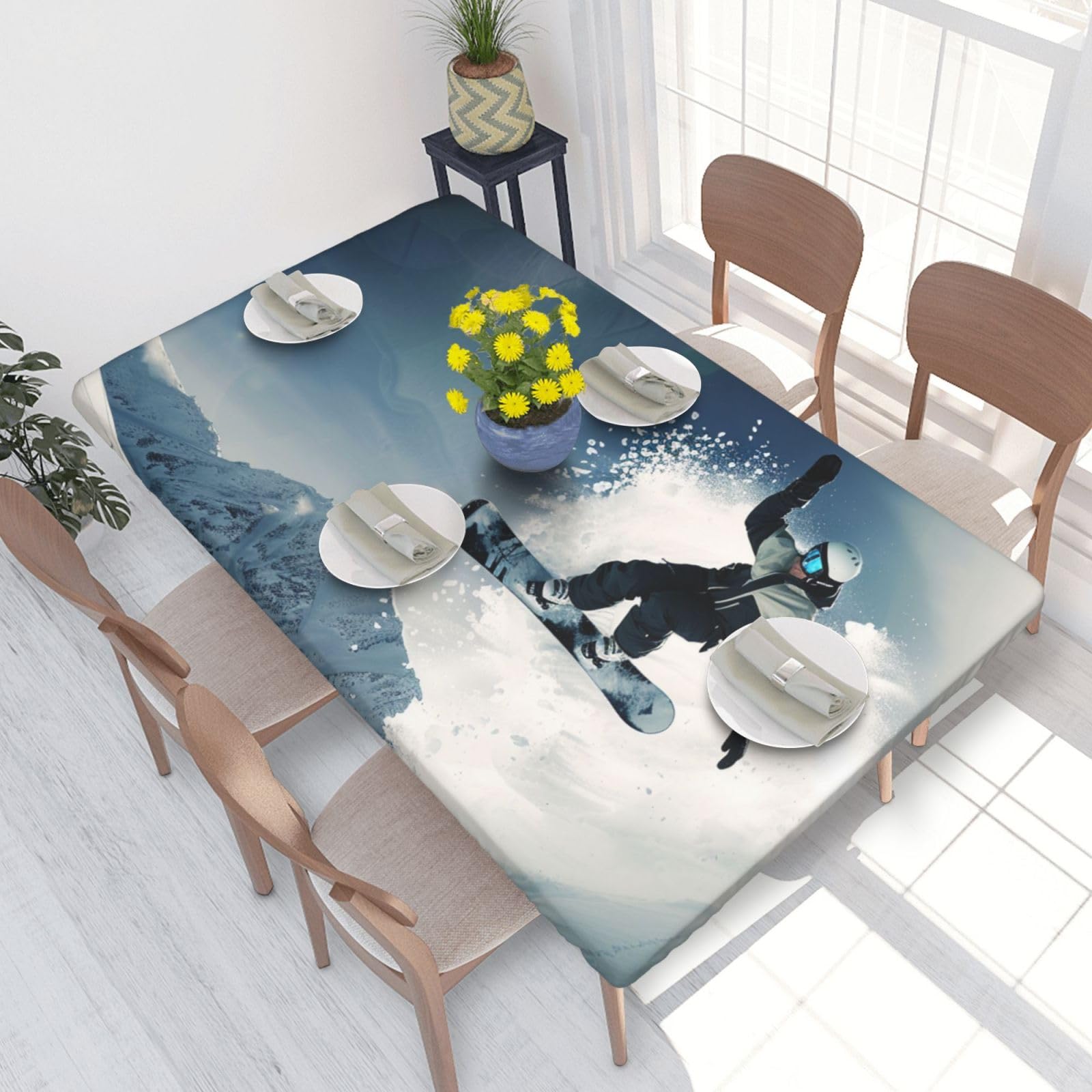 DCARSETCV Snowboarding Printed 4FT Waterproof Tablecloth with Elastic Edged Protect & Decor Your Table, Oil-proof Washable Table Cloth Cover for Dinner Picnic Party