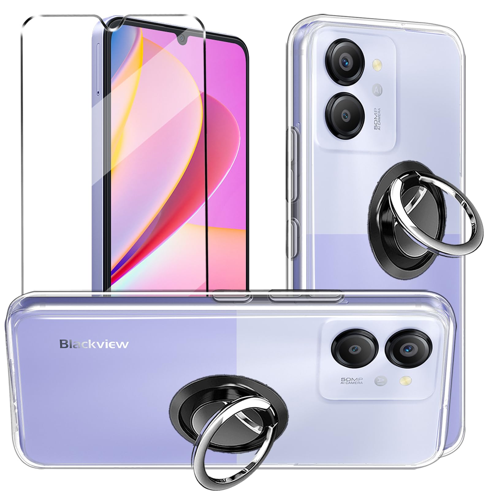 3-in-1 Case + Phone holder Ring Compatible with Blackview Color 8 Oscal Modern 8 Cover with 1 Pack Tempered Glass Screen Protector
