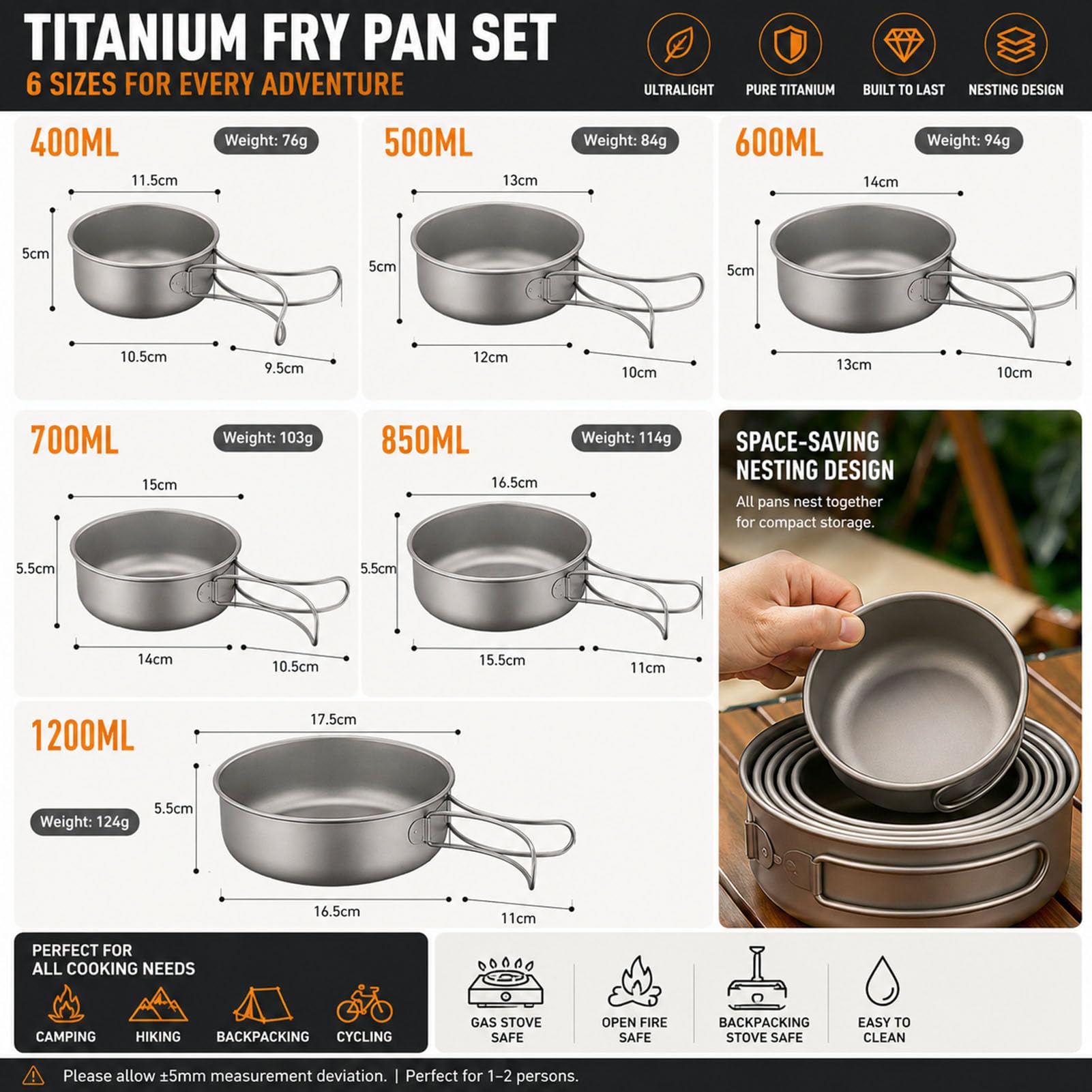 Kit Cottura da Campeggio in Titanio TA1 Senza Rivestimento, Pentola Ultraleggera con Cestello Vaporiera, Padella e Ciotola per 1–3 Persone, Fornello da Campeggio e Fuoco a Legna,6 Piece