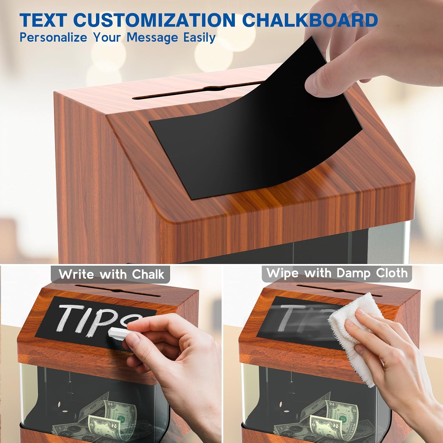 POCHAR Metal Tip Box - Tip Jar with Lock & Keys - Suggestion Box Offering Prayer Voting Boxes with Chalkboard Label, Locking Latch - Grain Pattern Donation Boxes for Fundraising Church, 7.9" x 6.3"