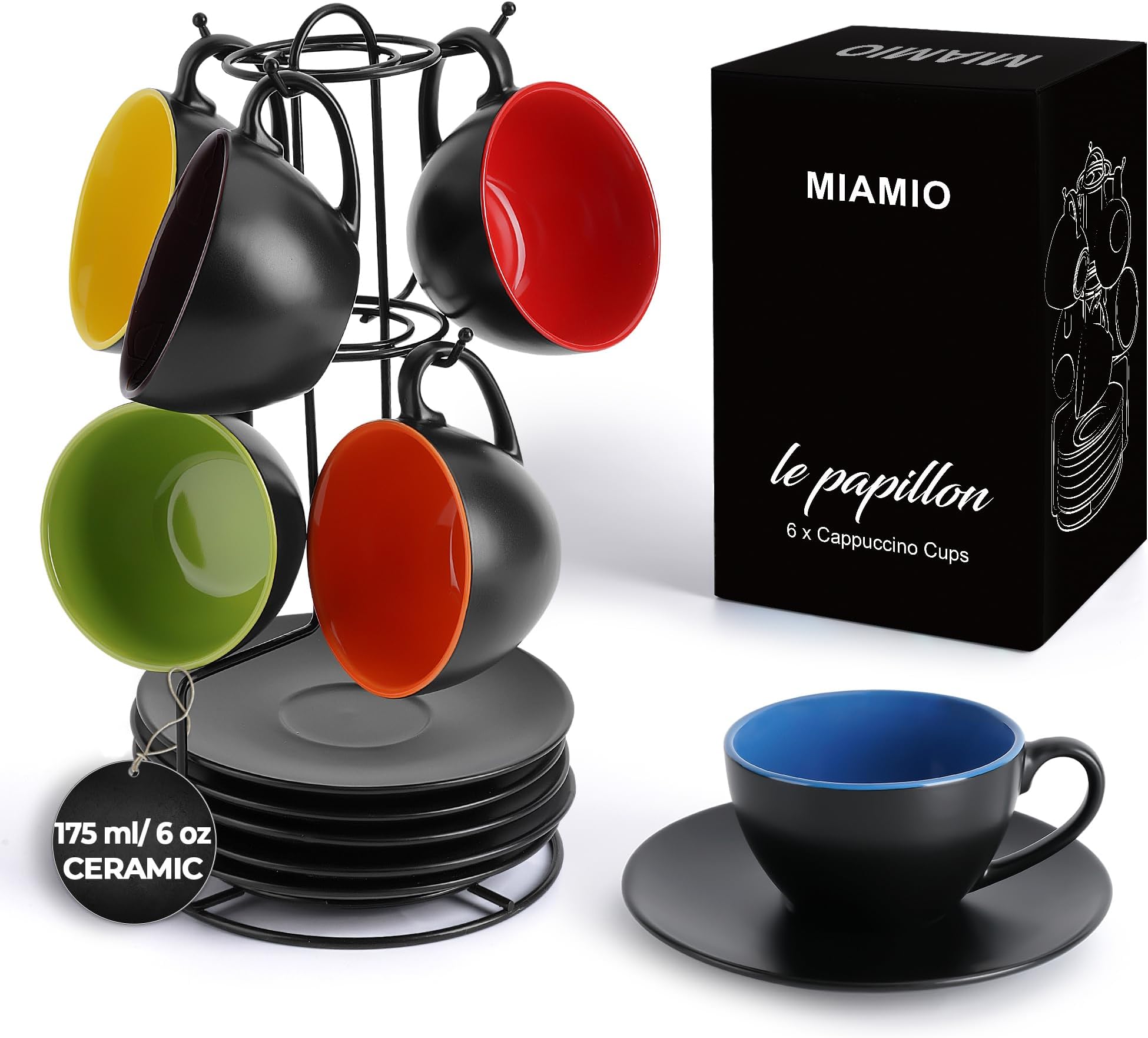 Set of 6, Ceramic Stackable Cappuccino Cups Set / 6 Ounce Cappuccino Mugs and Saucer with Metal Stand for Coffee Drinks, Cafe, Latte, Americano and Tea - Le Papillon Collection (Mixed)