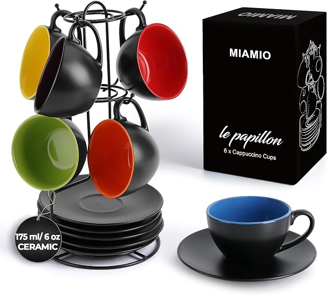 MIAMIO - 6 x 175 ml filiżanek do cappuccino/zestaw filiżanek do cappuccino Na zewnątrz czarne Wewnątrz kolorowe - Kolekcja Le Papillon (Mieszane)