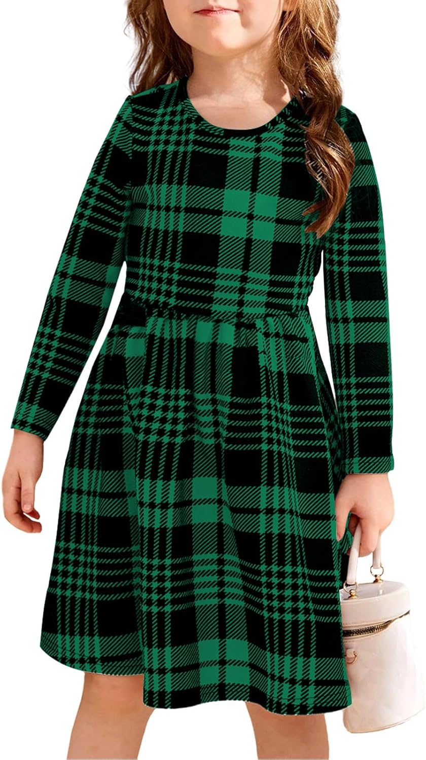 21KIDS Girls Fall Plaid Dress Long Sleeve Casual Midi Dresses with Pockets for Kids 6-14 Years