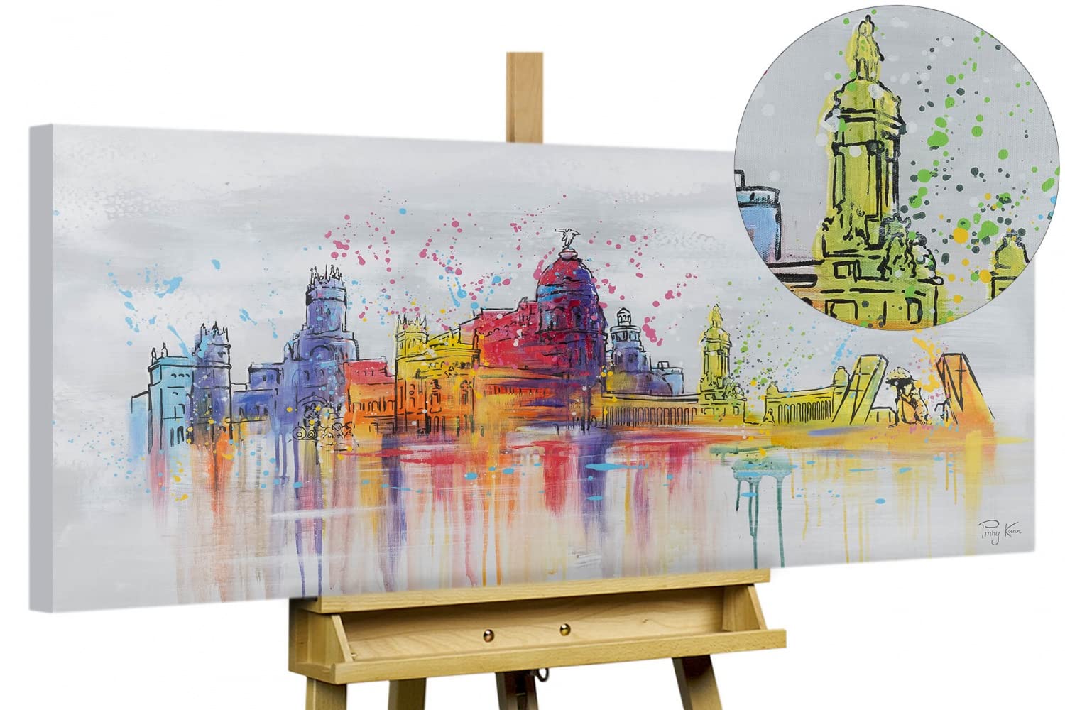 Kunstloft Cuadro decorativo | 100% PINTADO A MANO | 120x60cm | Pintura 'Madrid Skyline Silhouette' | Skyline | Multicolor Gris | Cuadro moderno en lienzo