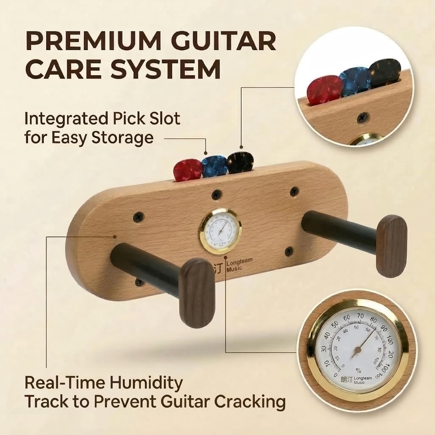 Guitar Wall Mount with Hygrometer & Pick Holder, Solid Beech & Walnut Wood Wall Hanger for Acoustic, Electric, Bass & Ukulele, Space Saving Display Rack for Home Studio