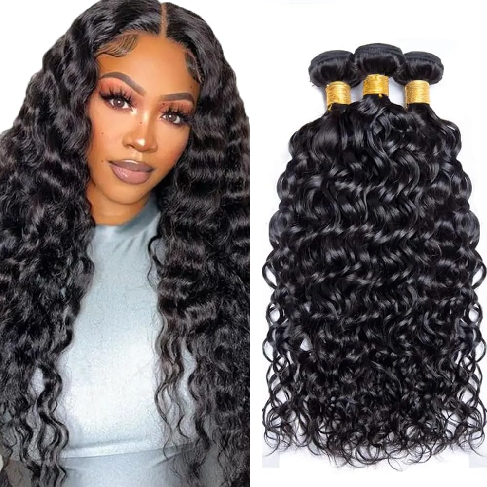 Photo 1 of 1B Water Wave Human Hair Bundles 22 24 26 Inch Unprocessed Brazilian Virgin Remy Hair Natural Black Water Wave 3 Bundle Wet and Wavy Bundles Human Hair Extension 150g