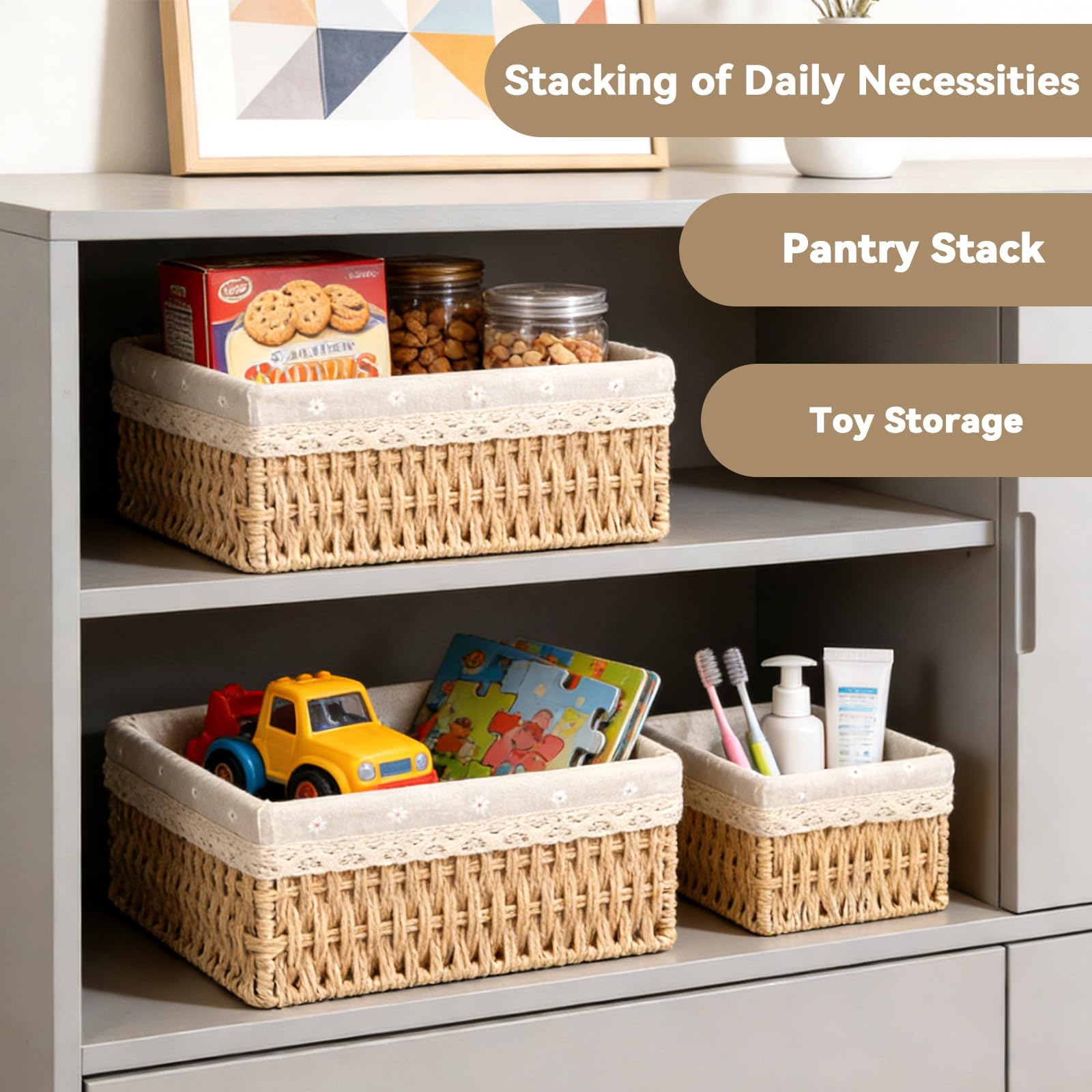 3 Paniers de Rangement Tressés, Panier Osier Empilable, Panier de Rangement pour Jouets, avec Doublure Amovible, pour la Maison, le Bureau, la Salle de Bain et la Chambre(Beige, L+M+S)