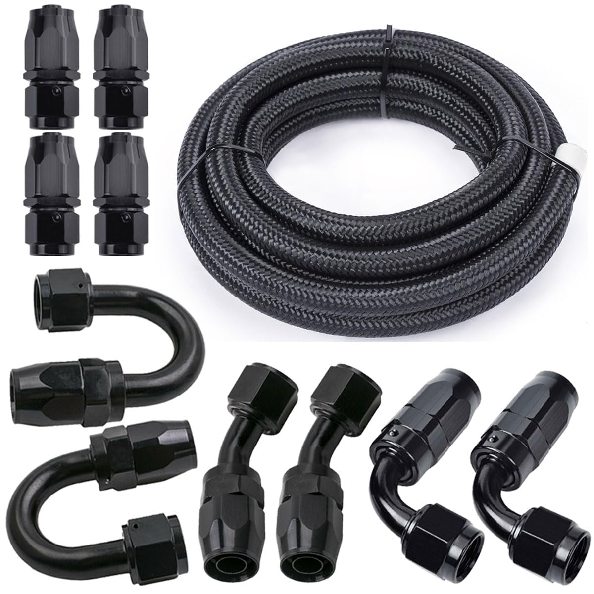 20FT 10AN Fuel Line Hose Kit, Nylon Stainless Steel Braided Fuel Line Oil/Gas/Fuel Hose End Fitting Hose with 10PCS Swivel Fuel Hose Fitting Adapter Kit - Black