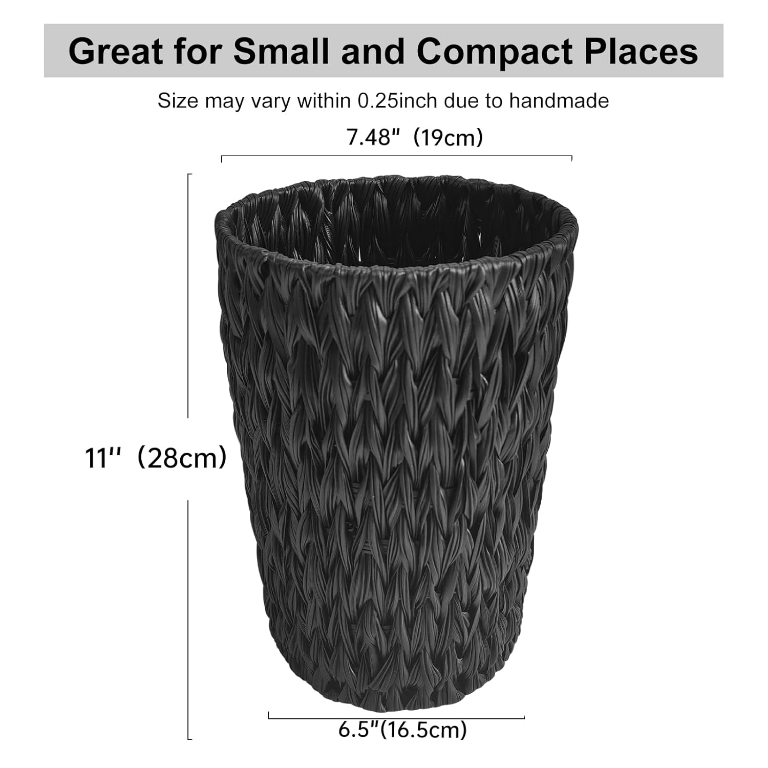 Coeusy Wicker Trash Can,Small Trash Can,Handwoven Waterproof Wicker Trash Basket,Round Garbage Can,Compact Waste Basket for Bathroom,Bedroom,Office,2 Gallon Black