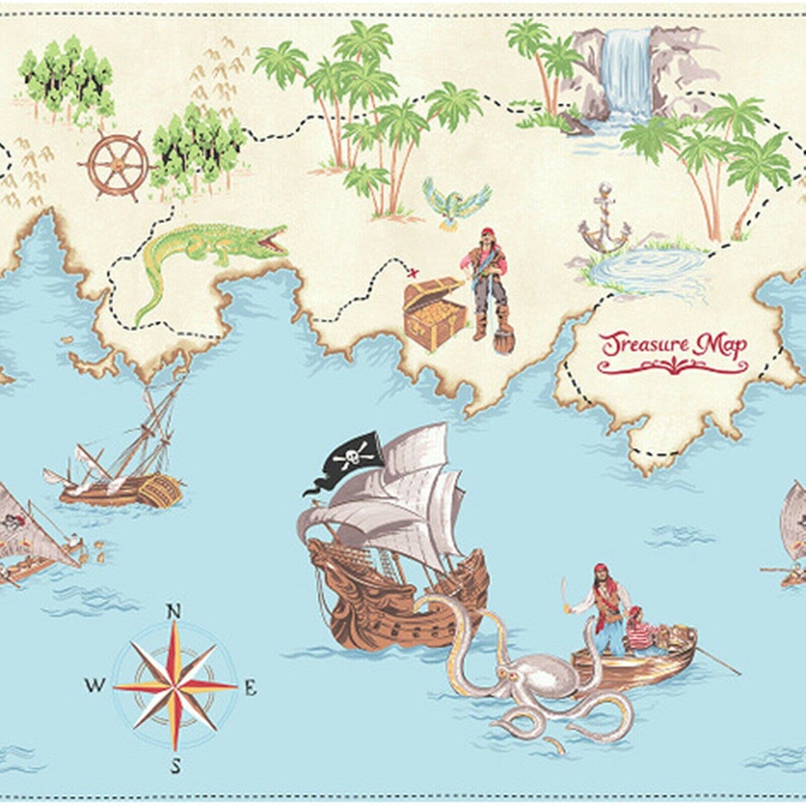 Sophie Laurence Cream Blue Pirates Ahoy Wallpaper Border Pirates Decoration Children's Room Adventure Treasure Island Paper Wall Paper (Cream Blue)