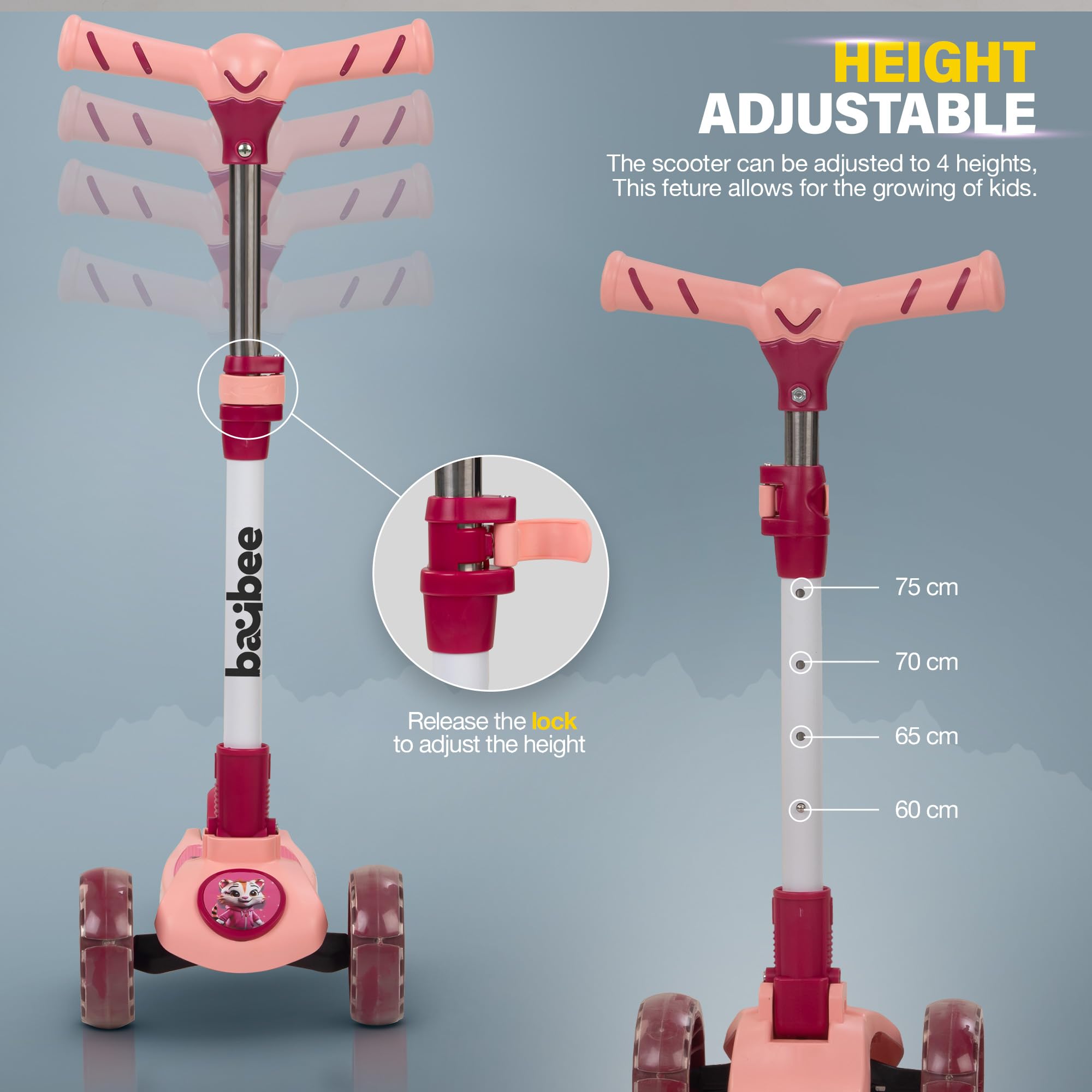 Baybee Kitty Kick Scooter for Kids | Foldable 3 Wheel Kid Scooter with 4 Height Adjustable Handle & Brake | Skate Scooters with LED PU Wheels | Runner Scooters for Kids 3 to 10 Years Boys Girls (Pink) - Image 3 thumbnail