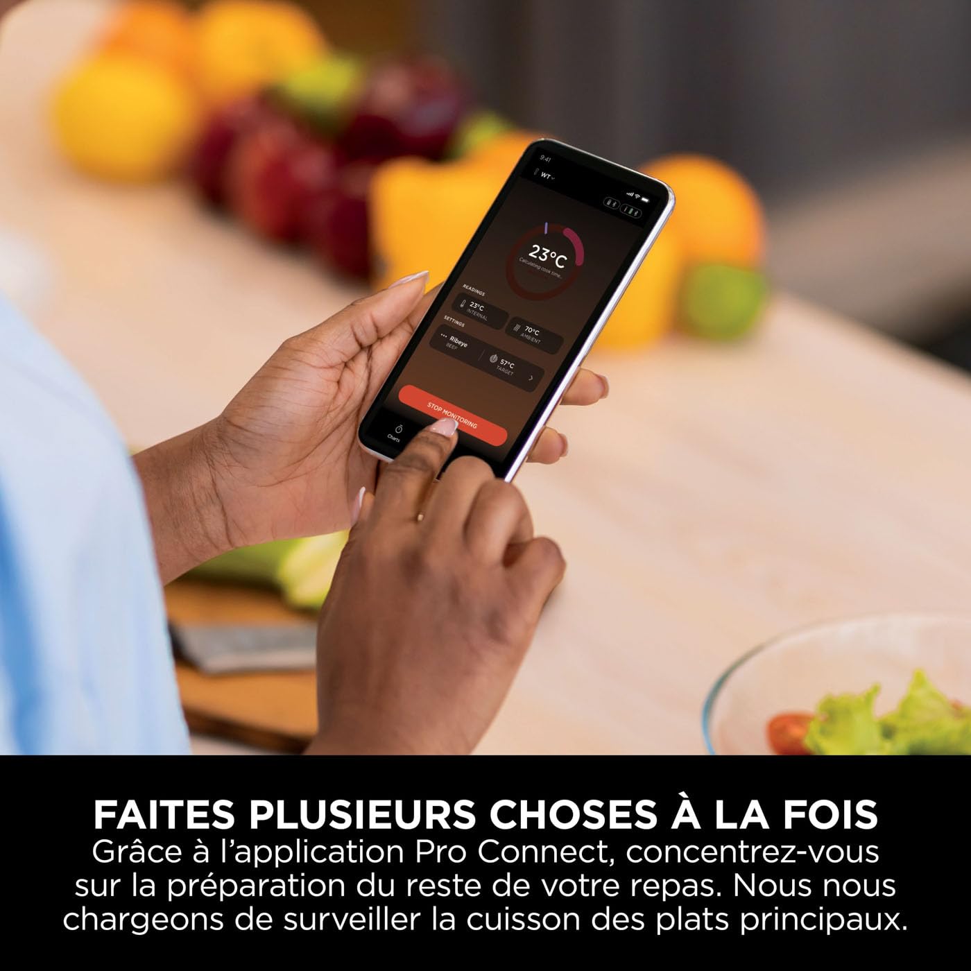 Ninja ProChef Sonde thermomètre à viande sans fil intérieur/extérieur, grillades et fritures sans huile avec portée Bluetooth de 50 m, autonomie 30 heures, connectée à l'app et étanche WP100EU