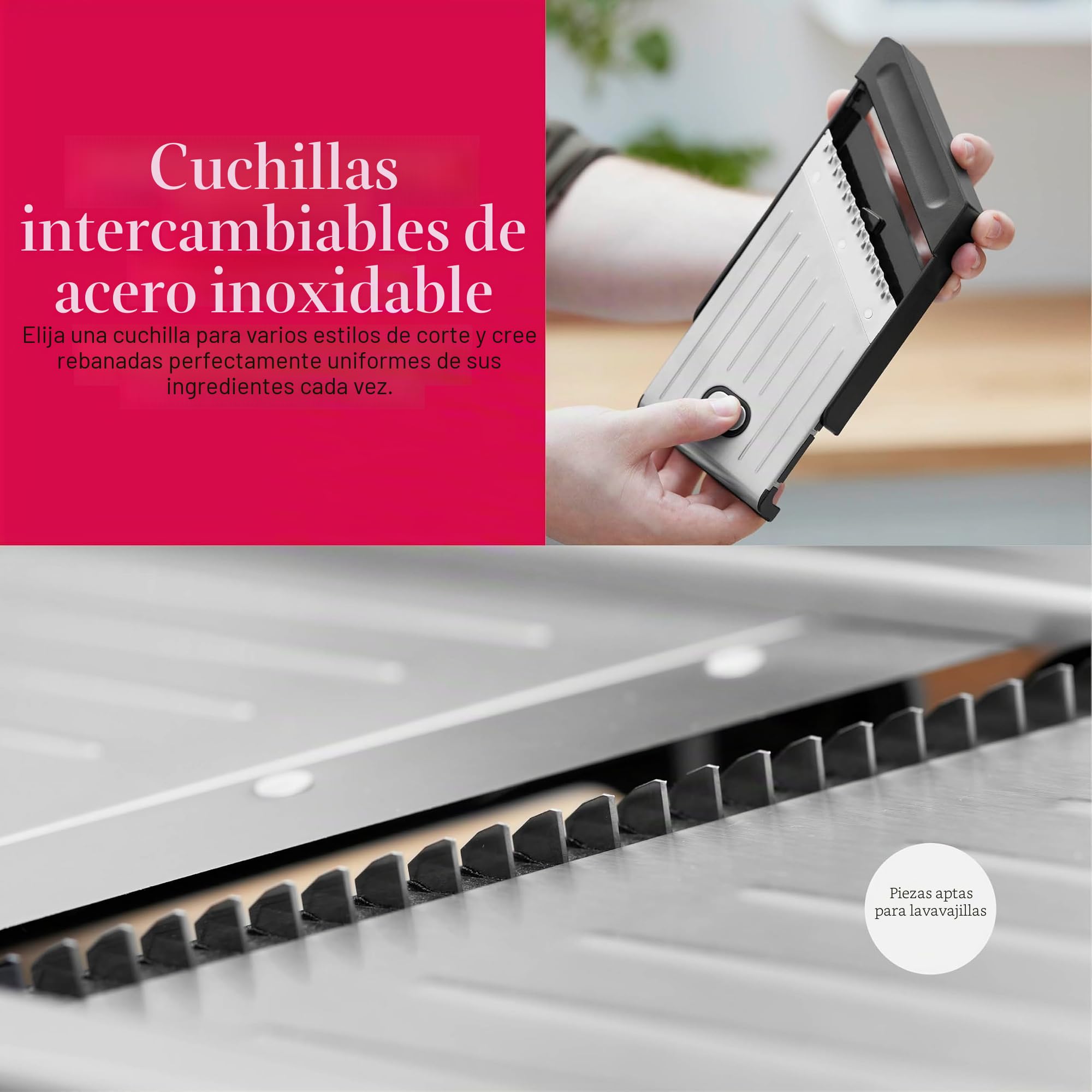 Good Food en asociación con Tower GF847073 - Mandolina de chef con cuchillas de acero inoxidable de precisión duraderas, ajustes ajustables y base antideslizante de silicona, acero inoxidable y negro