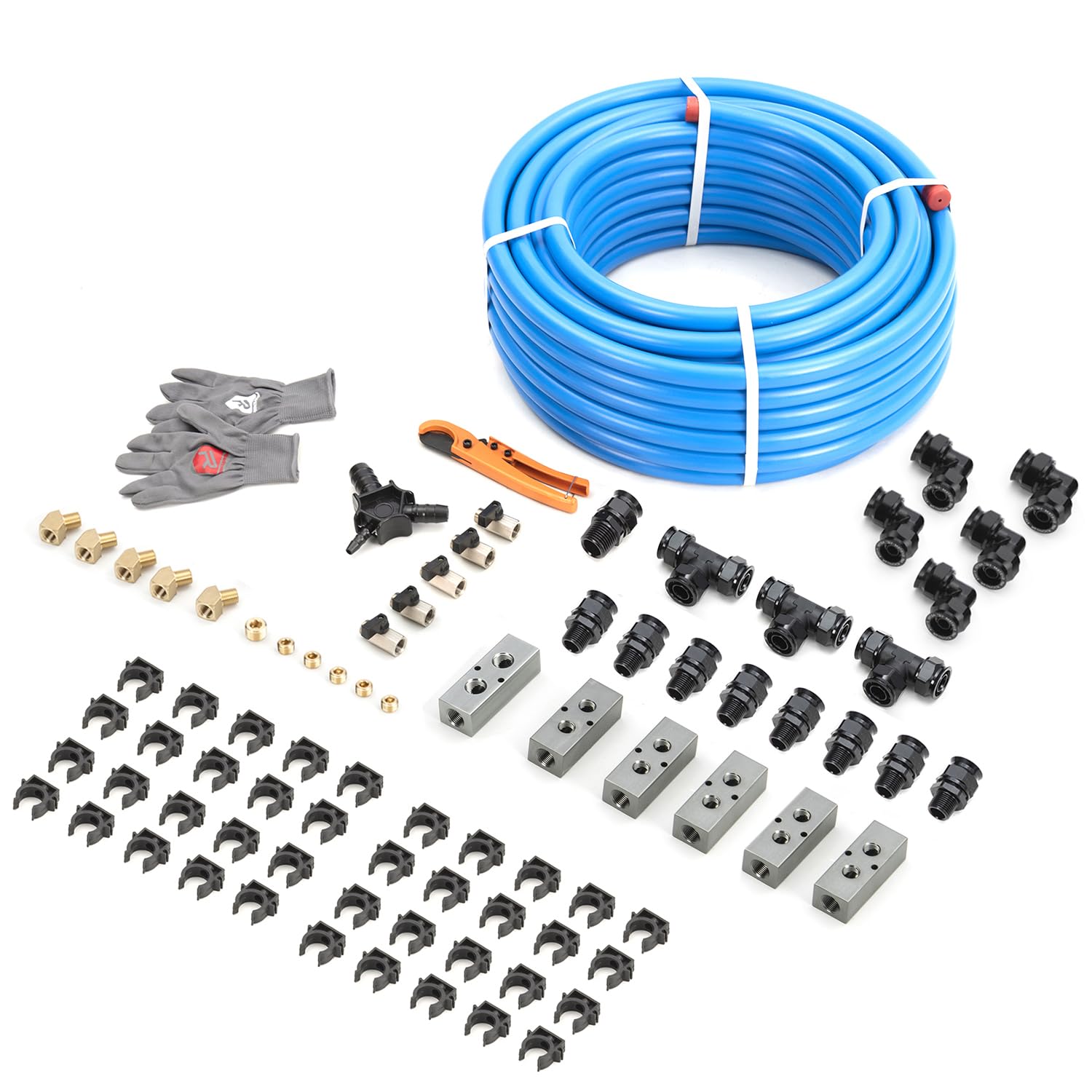 Rapid Air System 1/2" x 200ft 5-Ways Out HDPE Aluminum Compressed Piping System with Outlet Blocks, Equal Elbow Fitting for Garage Shop Air Line Kit 200PSI ASTM F1282