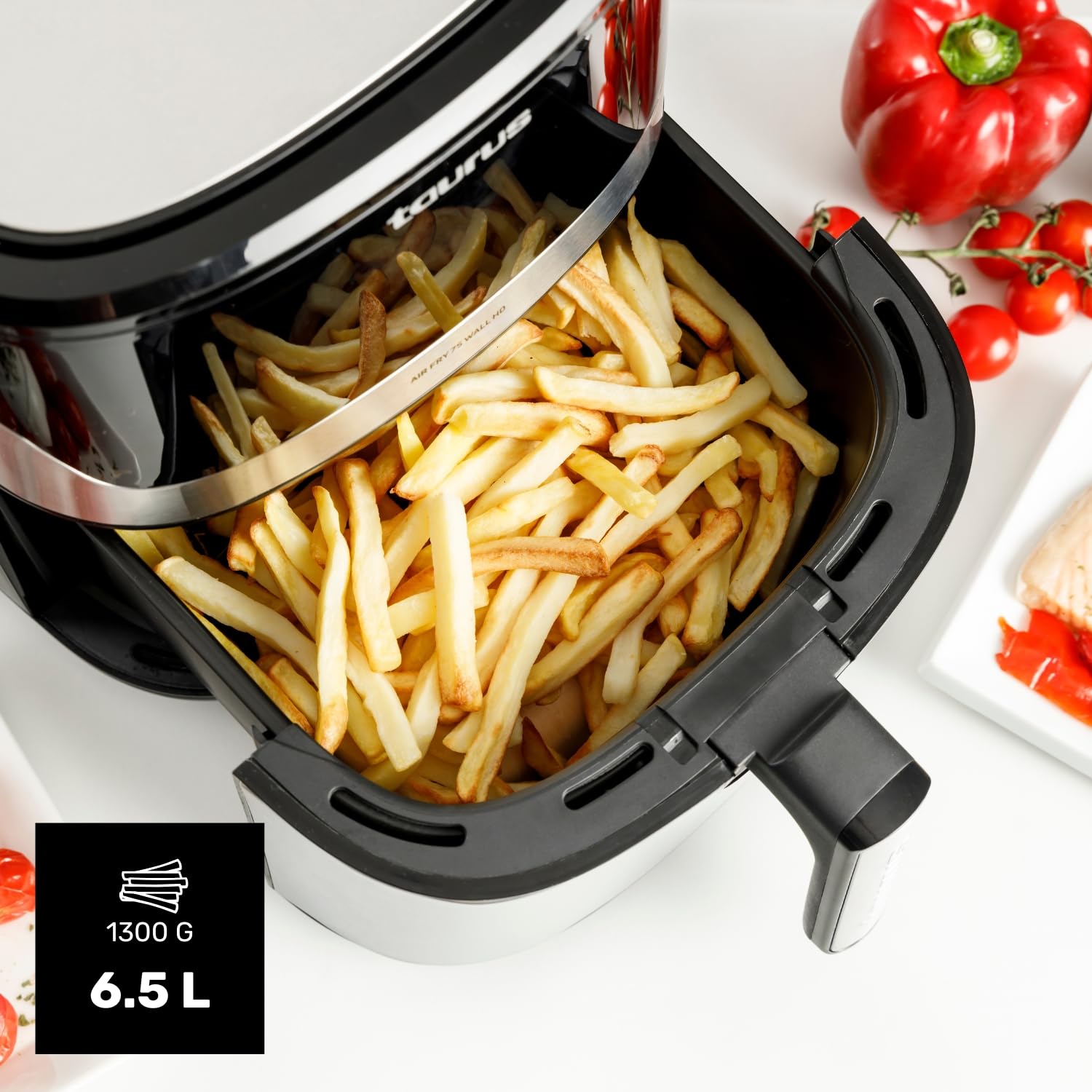 Taurus – Freidora sin Aceite Air Fryer Digital 7S Wall HD, 6,5L, 8 programas, Cocción Uniforme, Pantalla HD, Accesorio Wall, Temperatura Ajustable, Libre BPA y PFOA, Mango frío al Tacto.